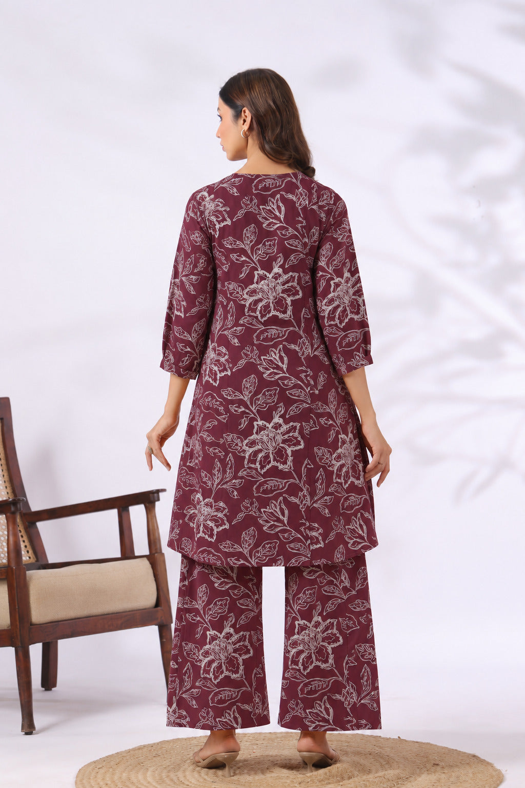 Plum Leaf Print Cotton Maternity - Nursing Co-ord Set