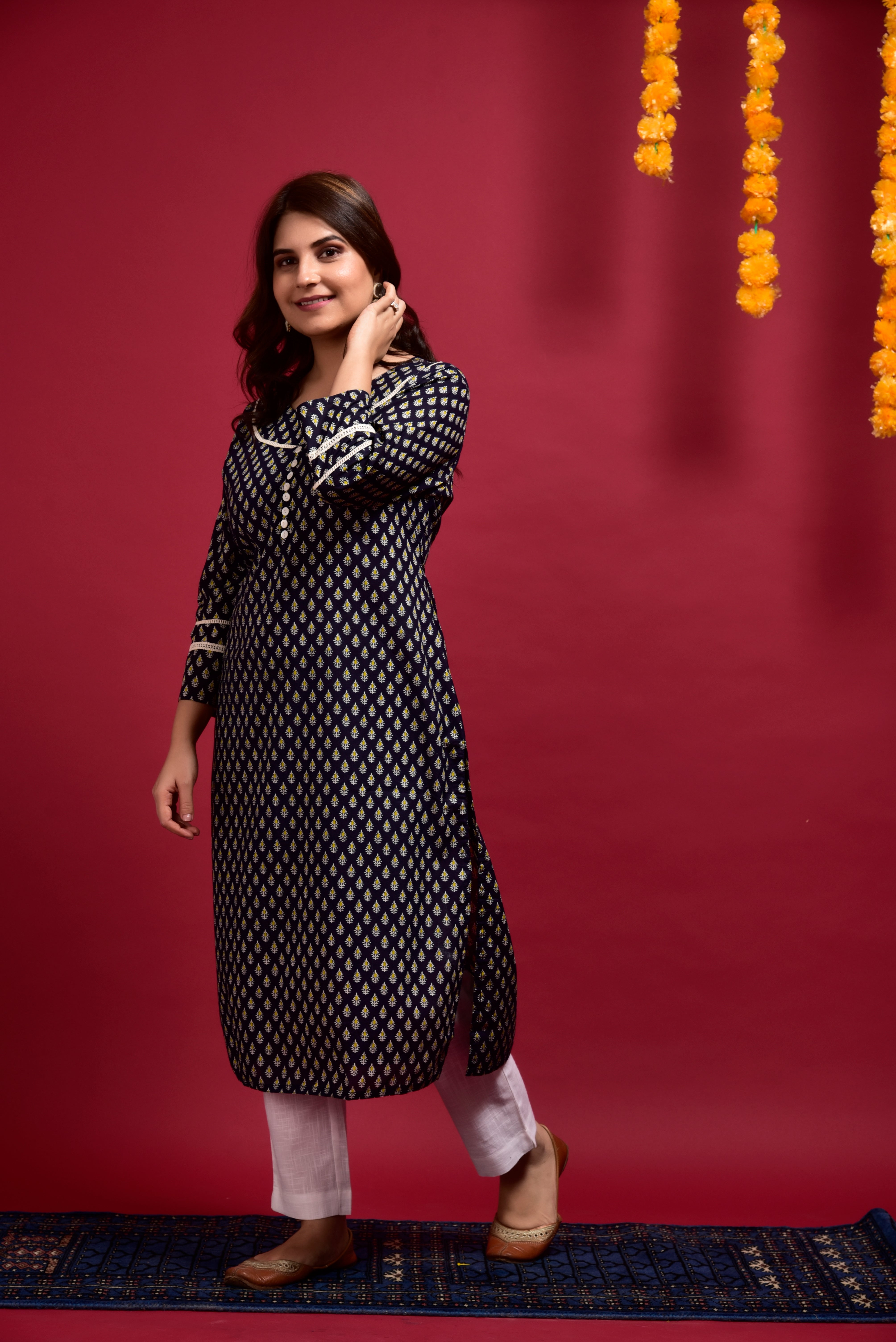 Prussian Blue Booti Cotton Kurta Pant Set