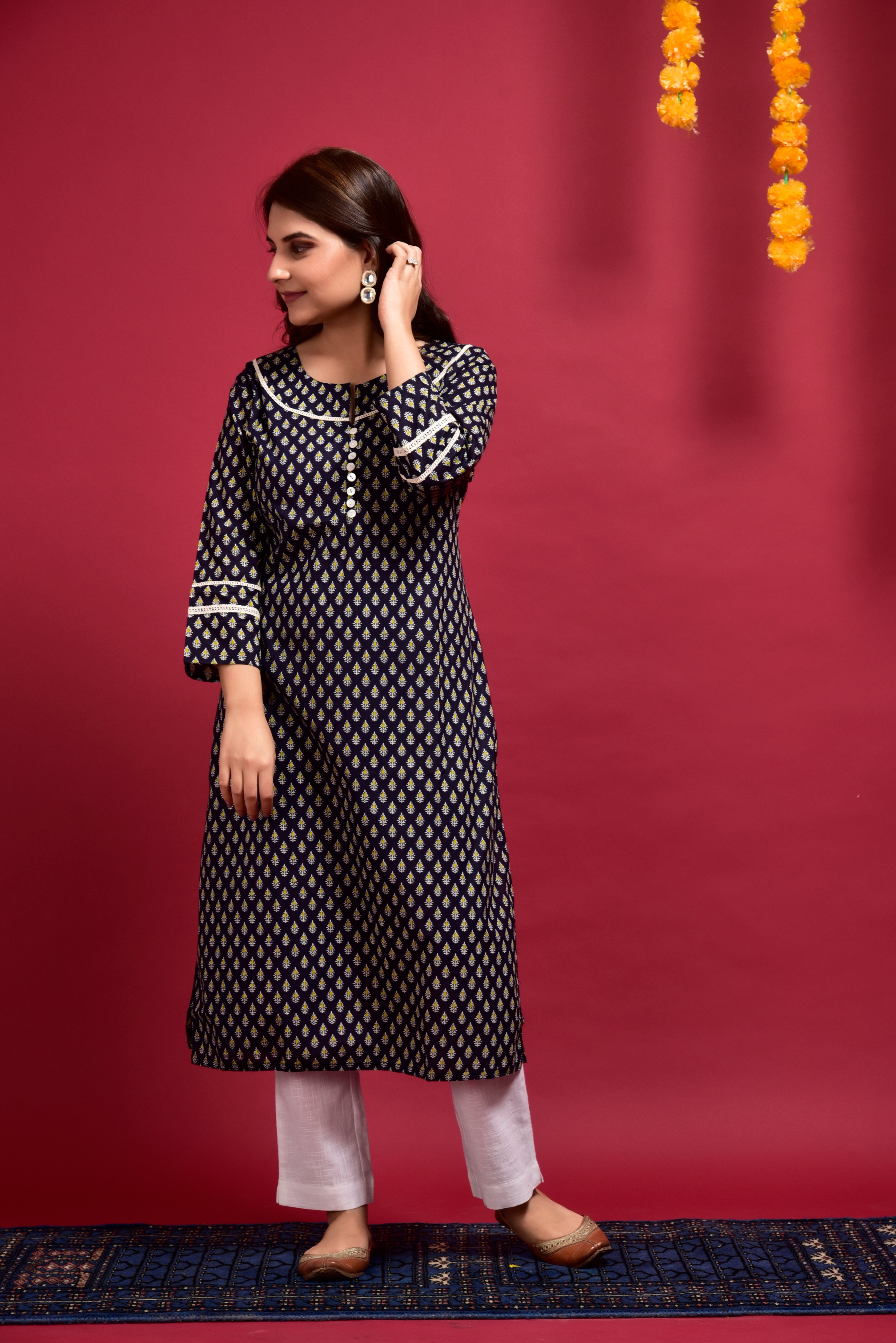 Prussian Blue Booti Cotton Kurta Pant Set