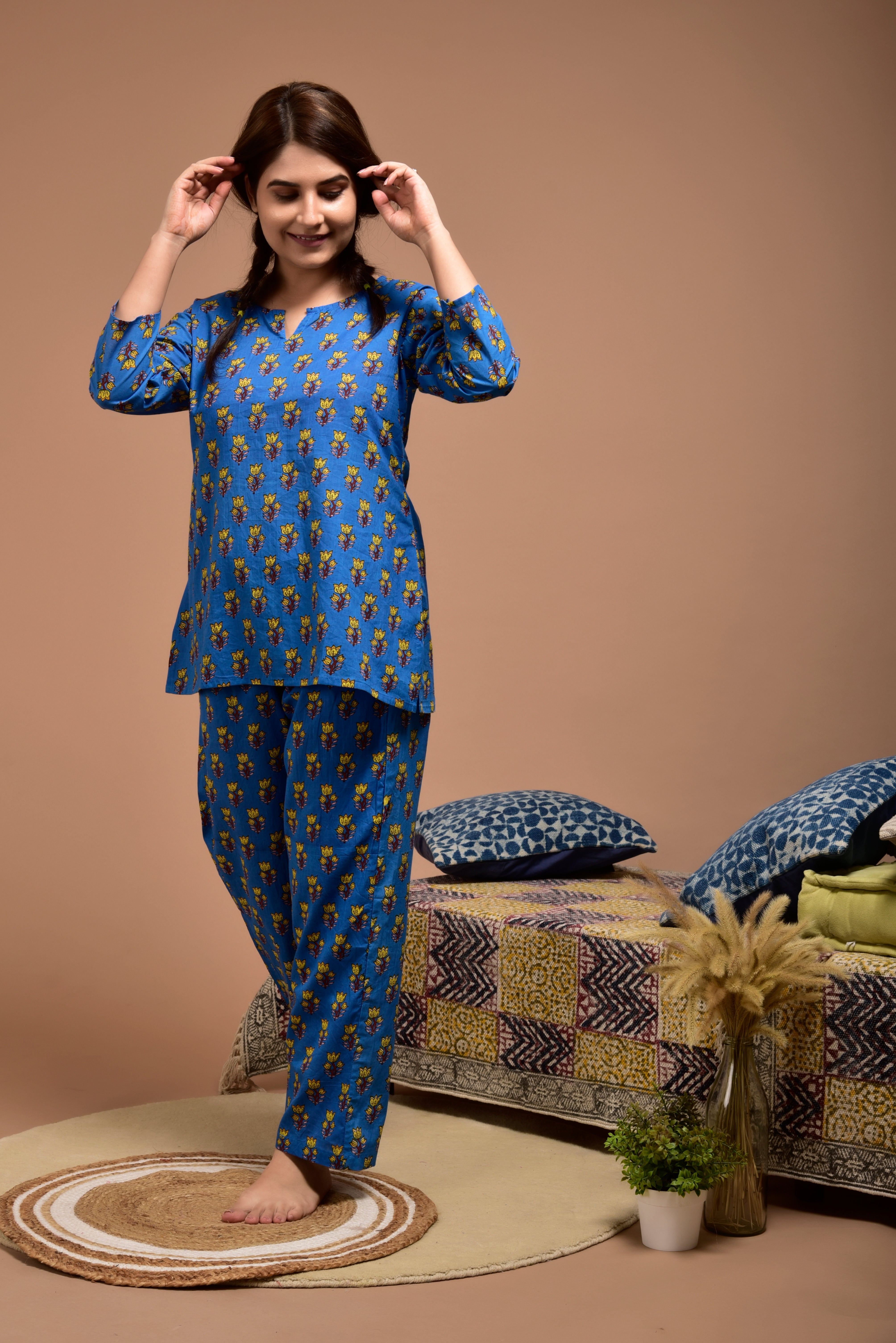 Persian Blue Booti Cotton Loungewear Set