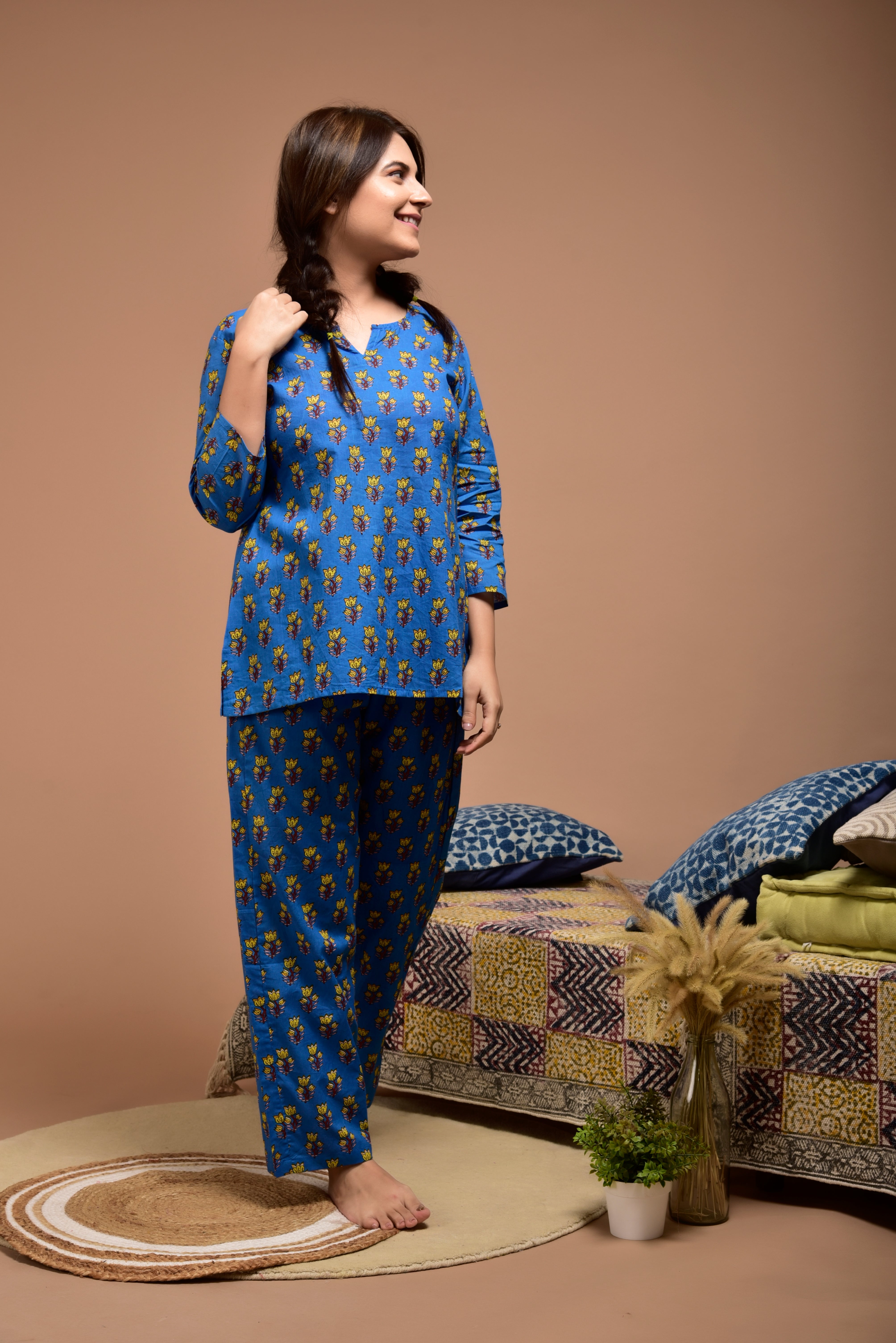 Persian Blue Booti Cotton Loungewear Set