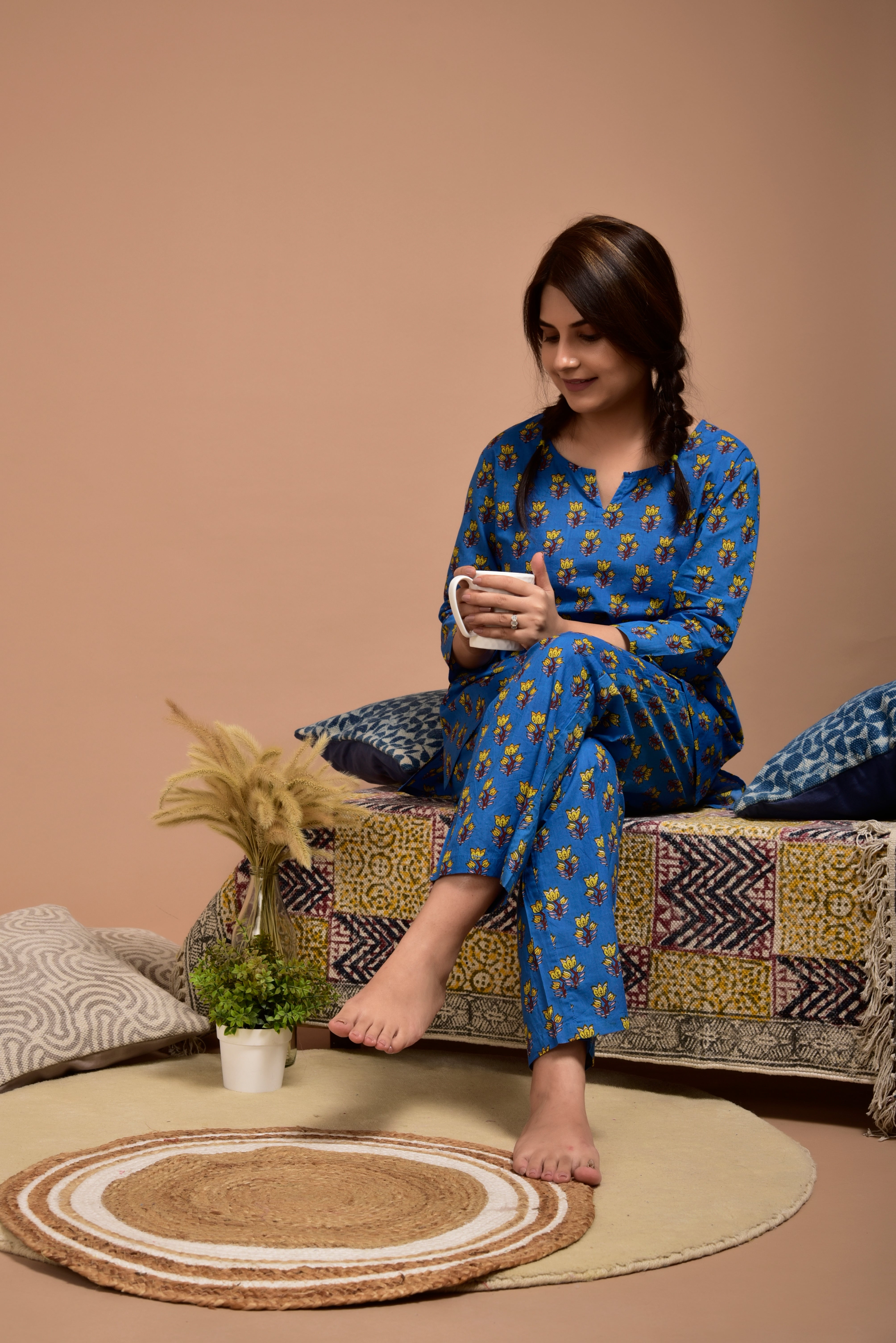 Persian Blue Booti Cotton Loungewear Set