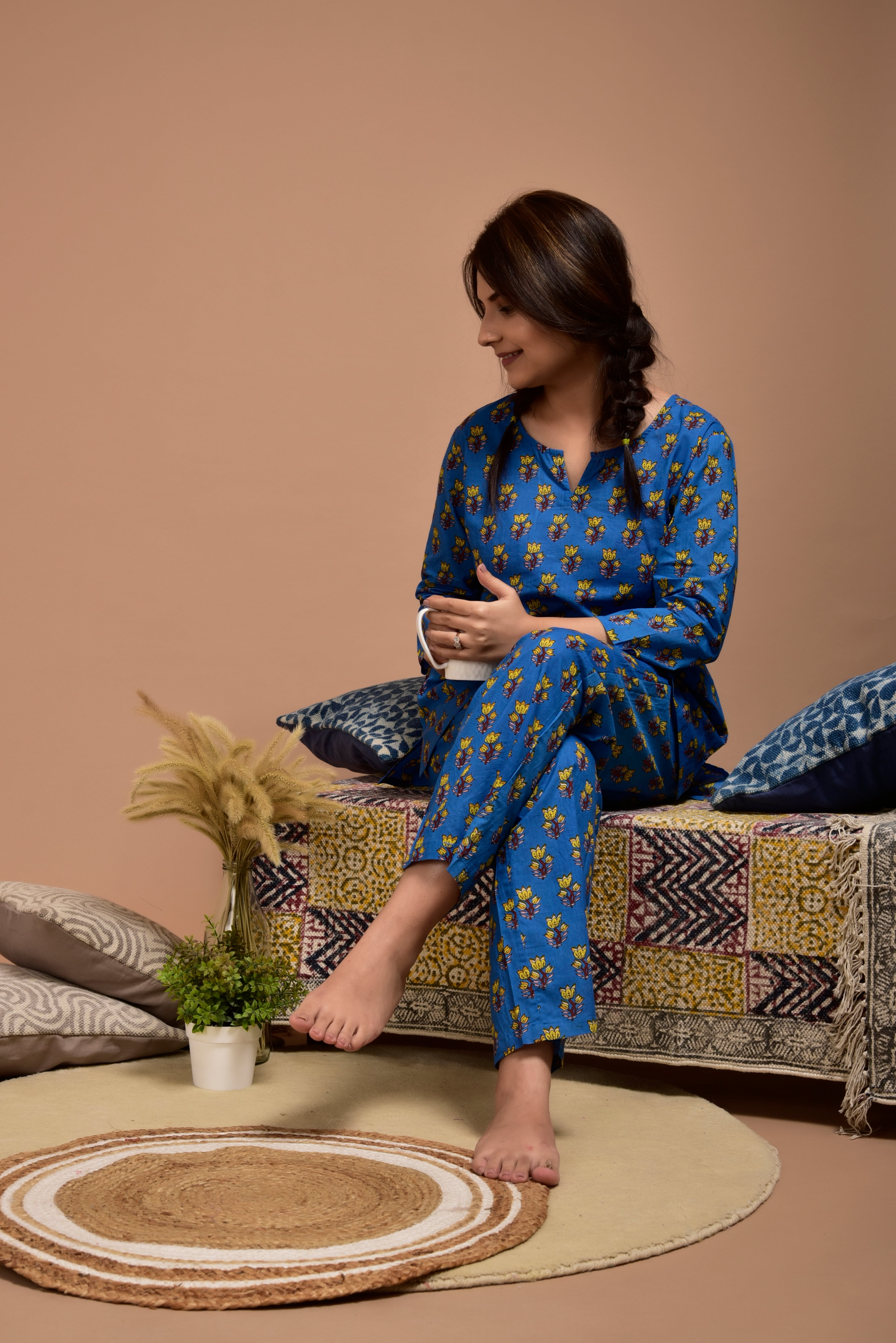 Persian Blue Booti Cotton Loungewear Set