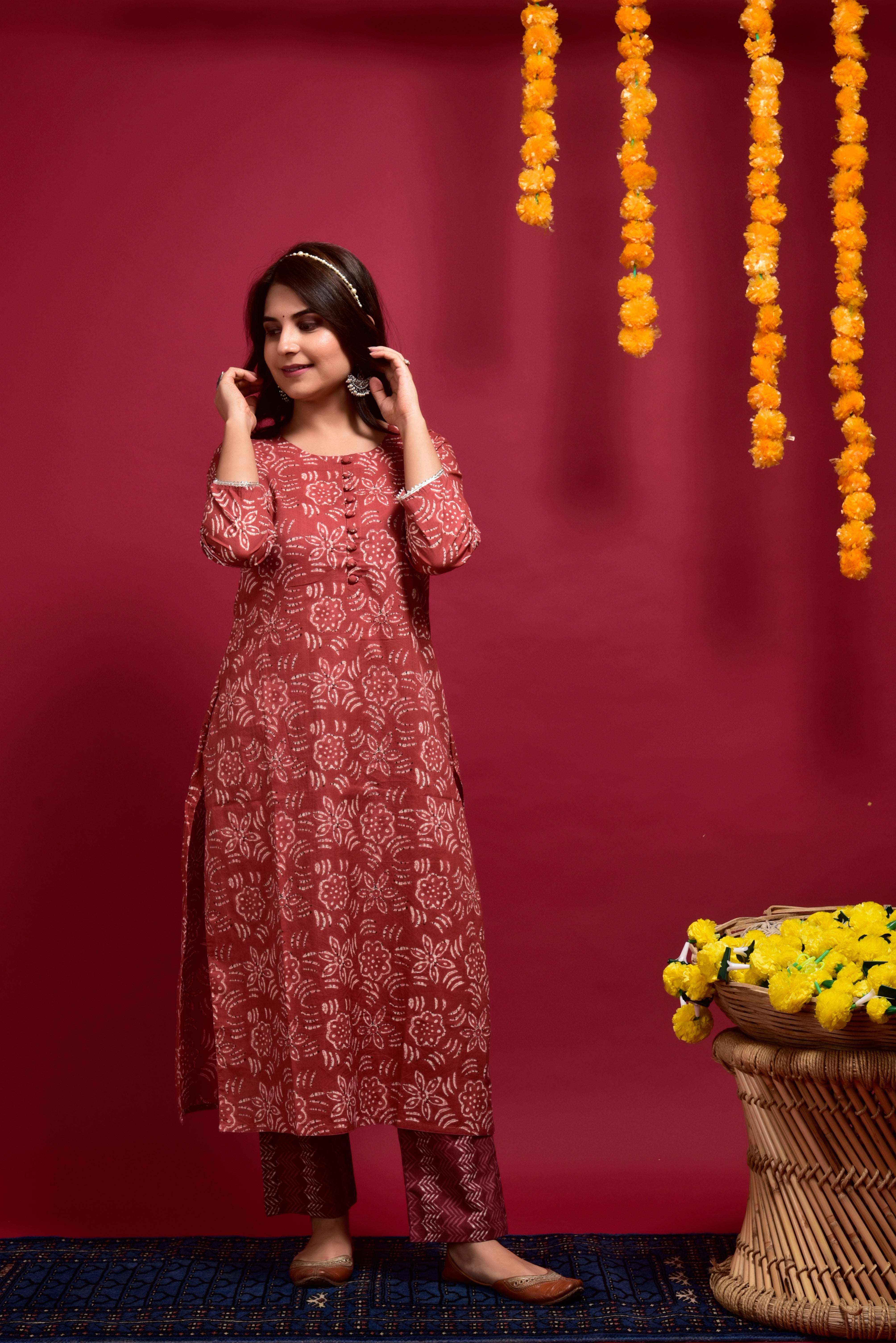 Vintage Rust Floral Cotton Kurta Pant Set