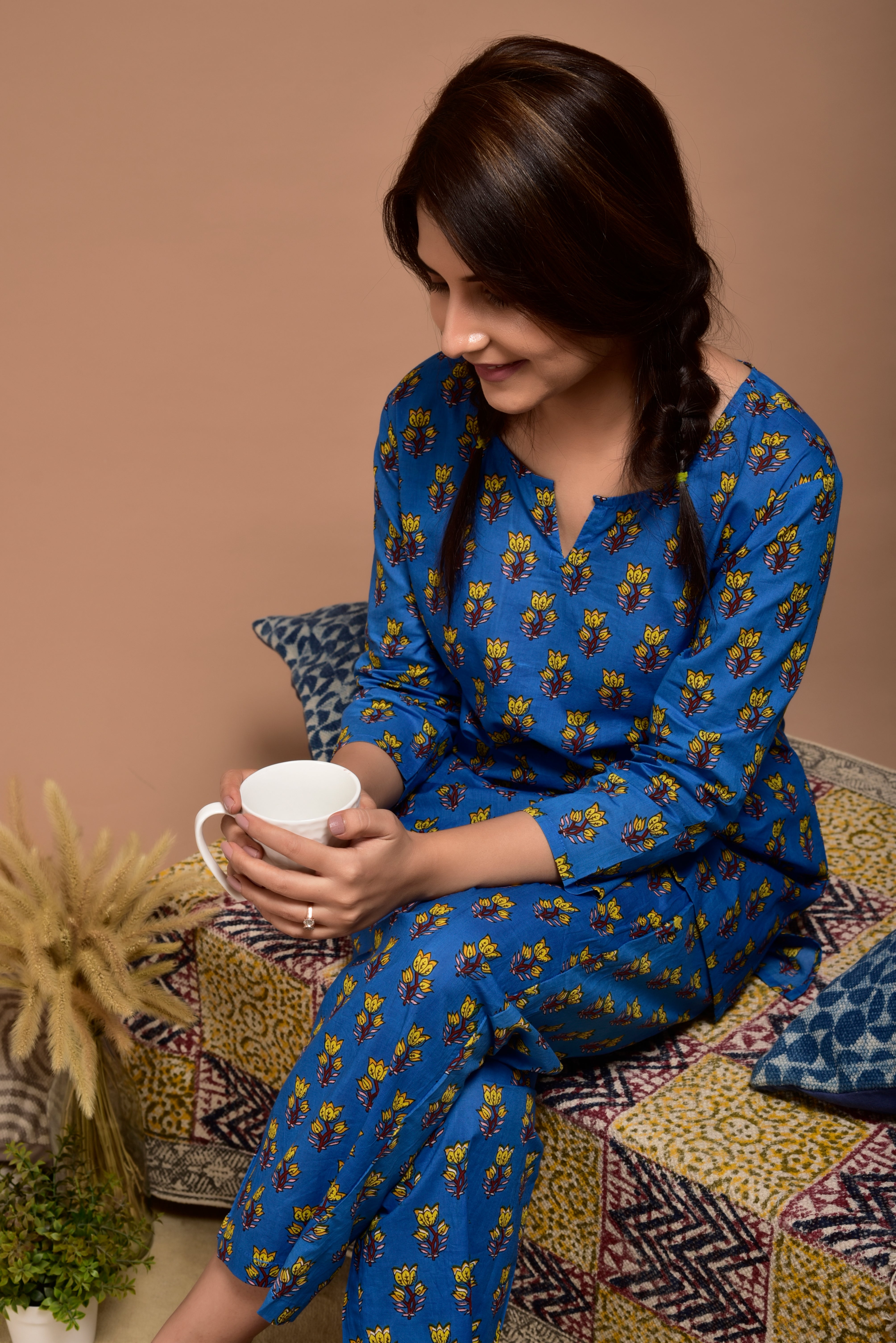 Persian Blue Booti Cotton Loungewear Set