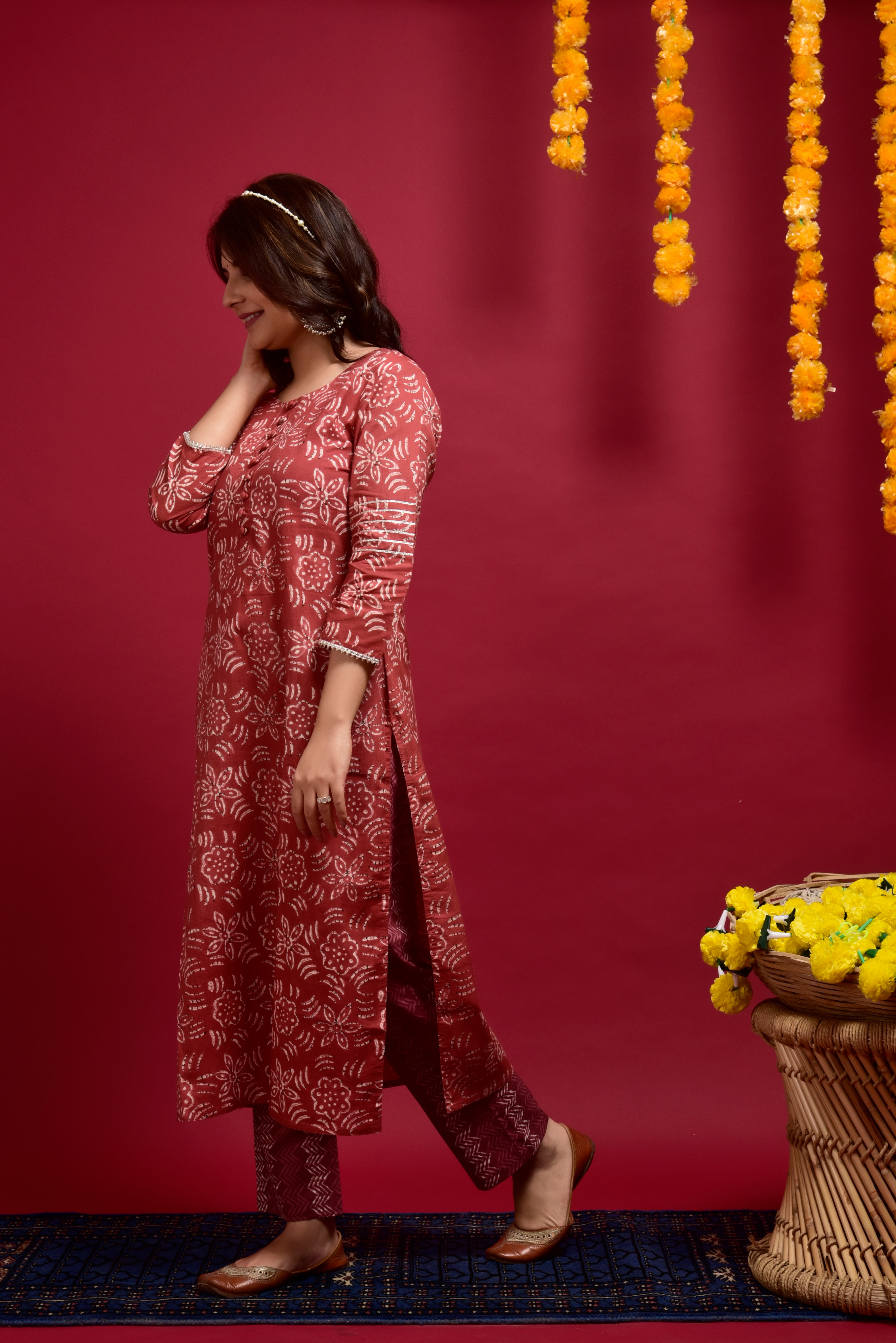 Vintage Rust Floral Cotton Kurta Pant Set