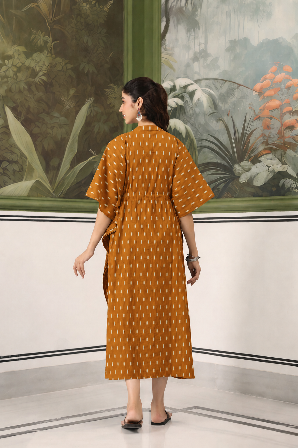 Mustard Loom Print Cotton Maternity - Nursing Kaftan ( One-Size )