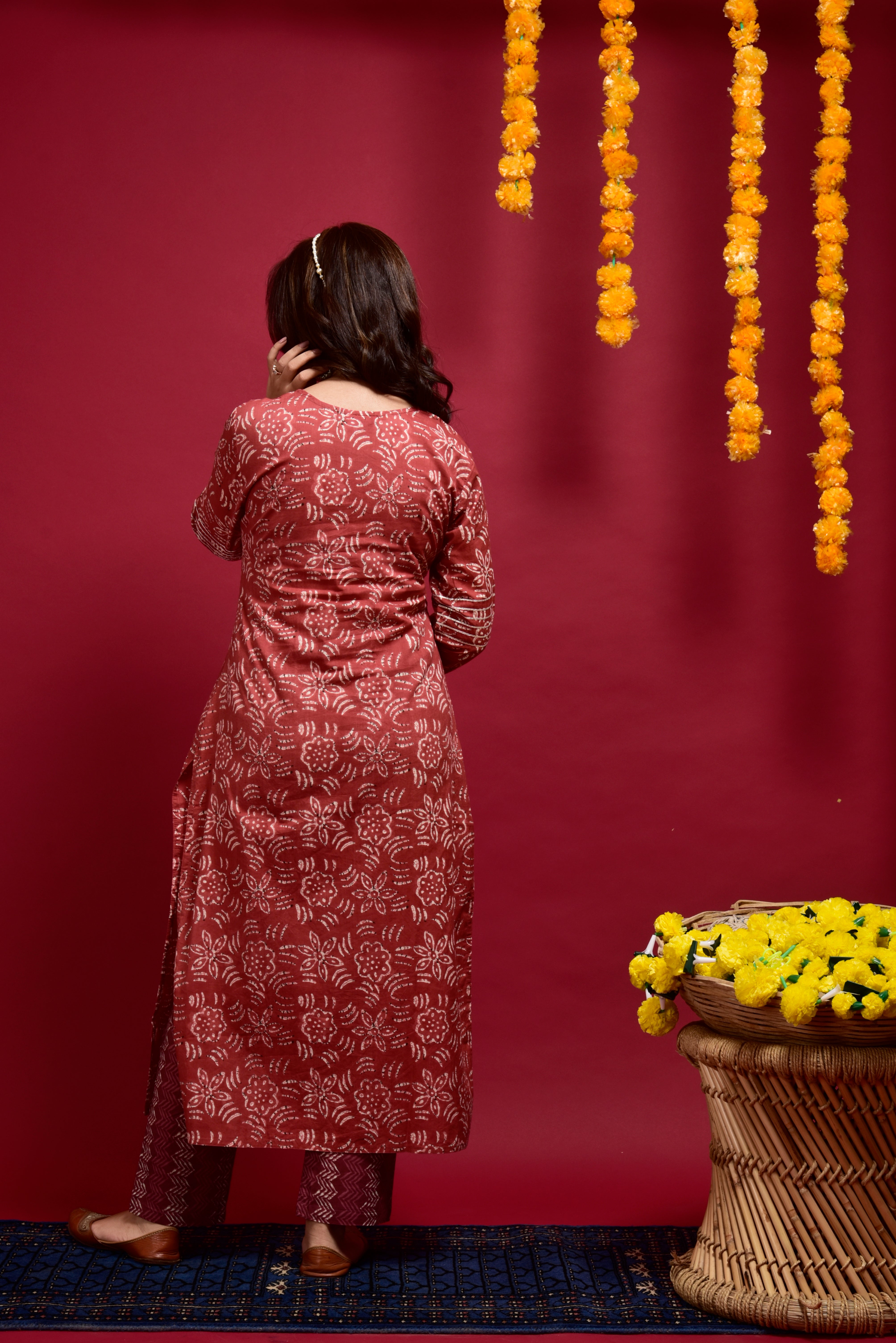 Vintage Rust Floral Cotton Kurta Pant Set