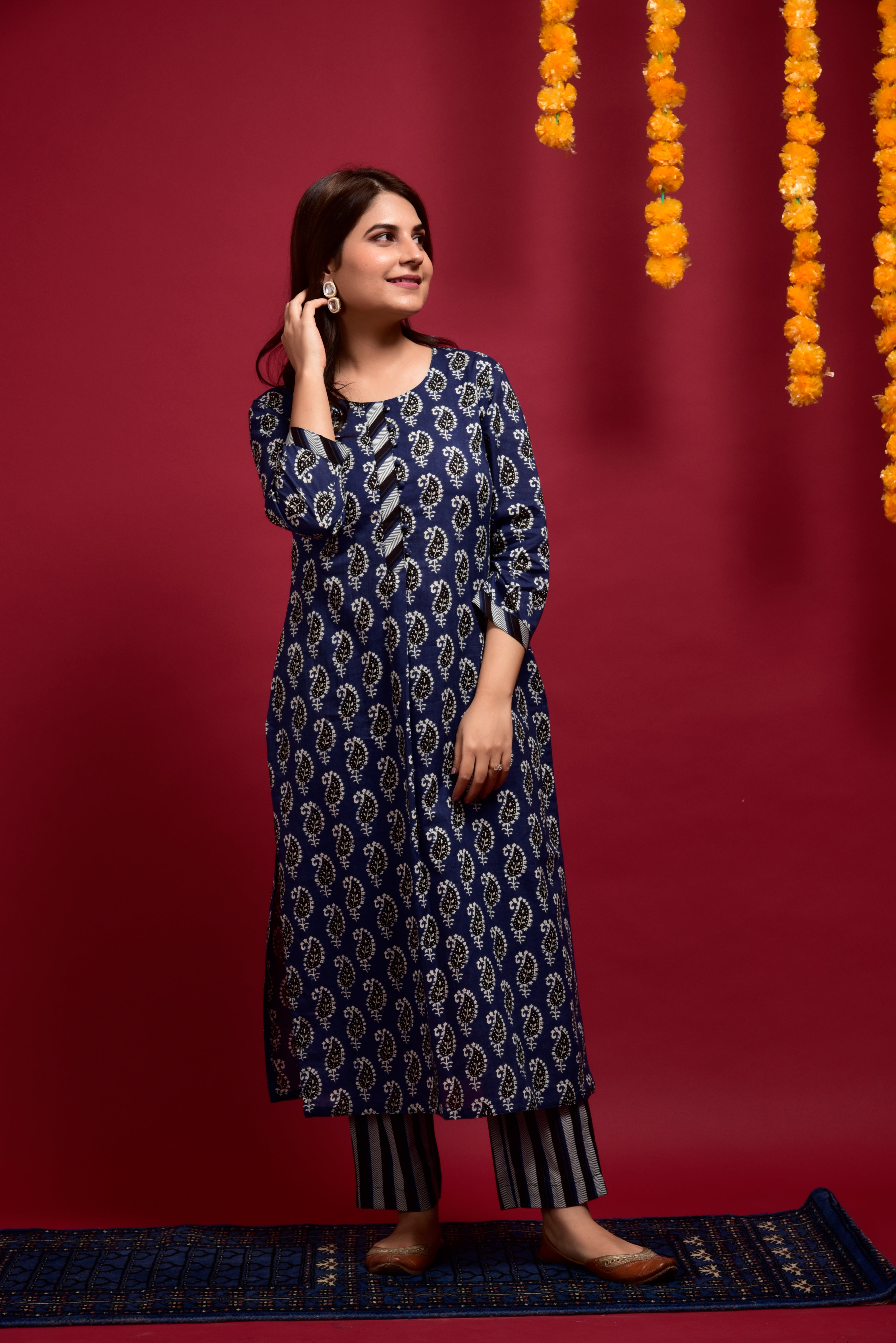 Indigo Dye Boota Cotton Kurta Pant Set