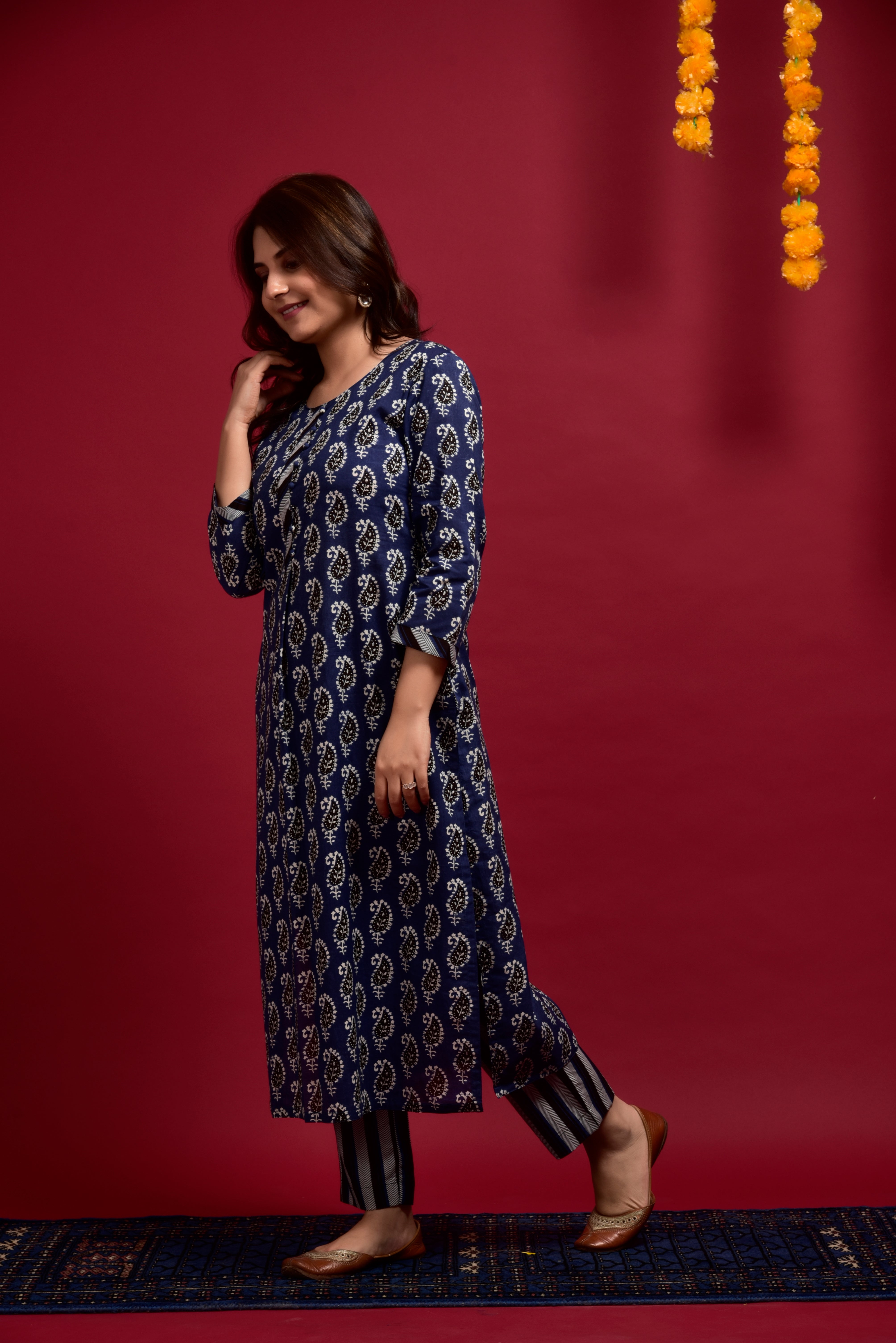 Indigo Dye Boota Cotton Kurta Pant Set