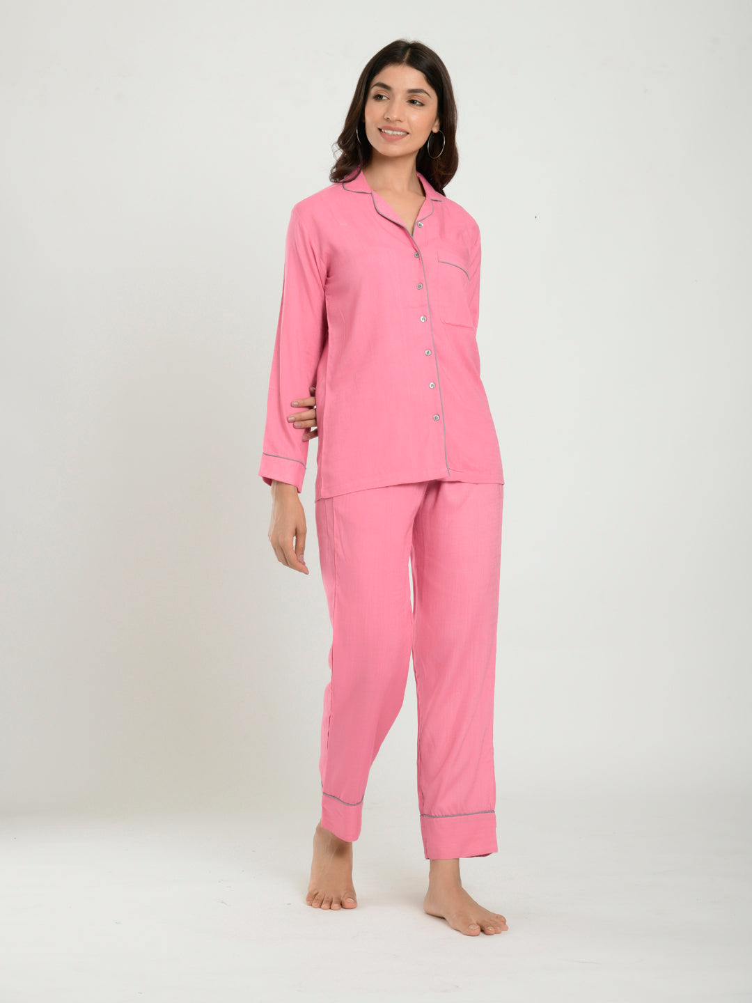Baby Pink Solid Cotton Loungewear Set