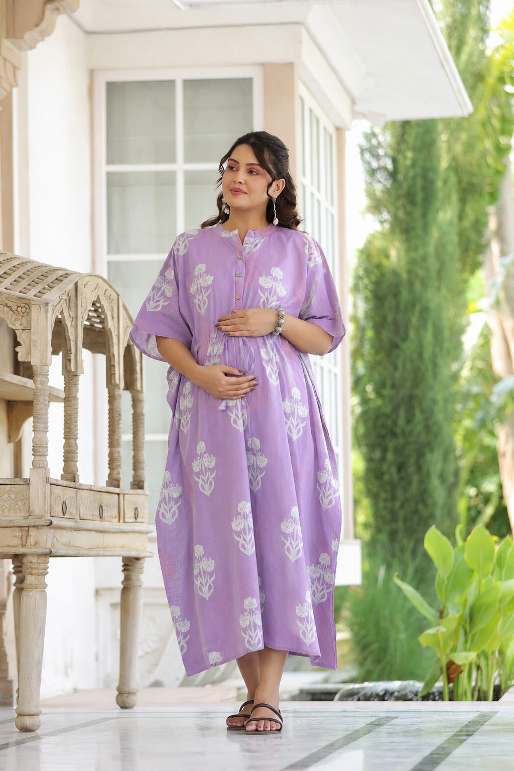 Lavender Dream Boota Cotton Maternity - Nursing Kaftan ( One-Size )