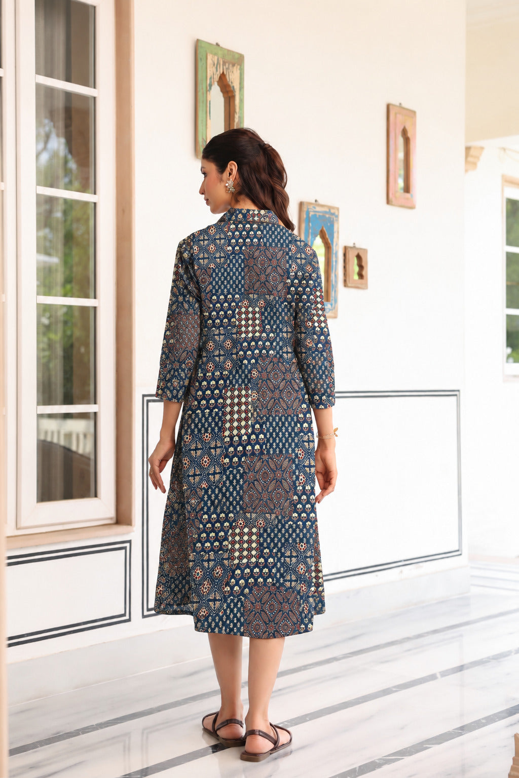 Indigo Patchwork Cotton Maternity - Nursing Dress