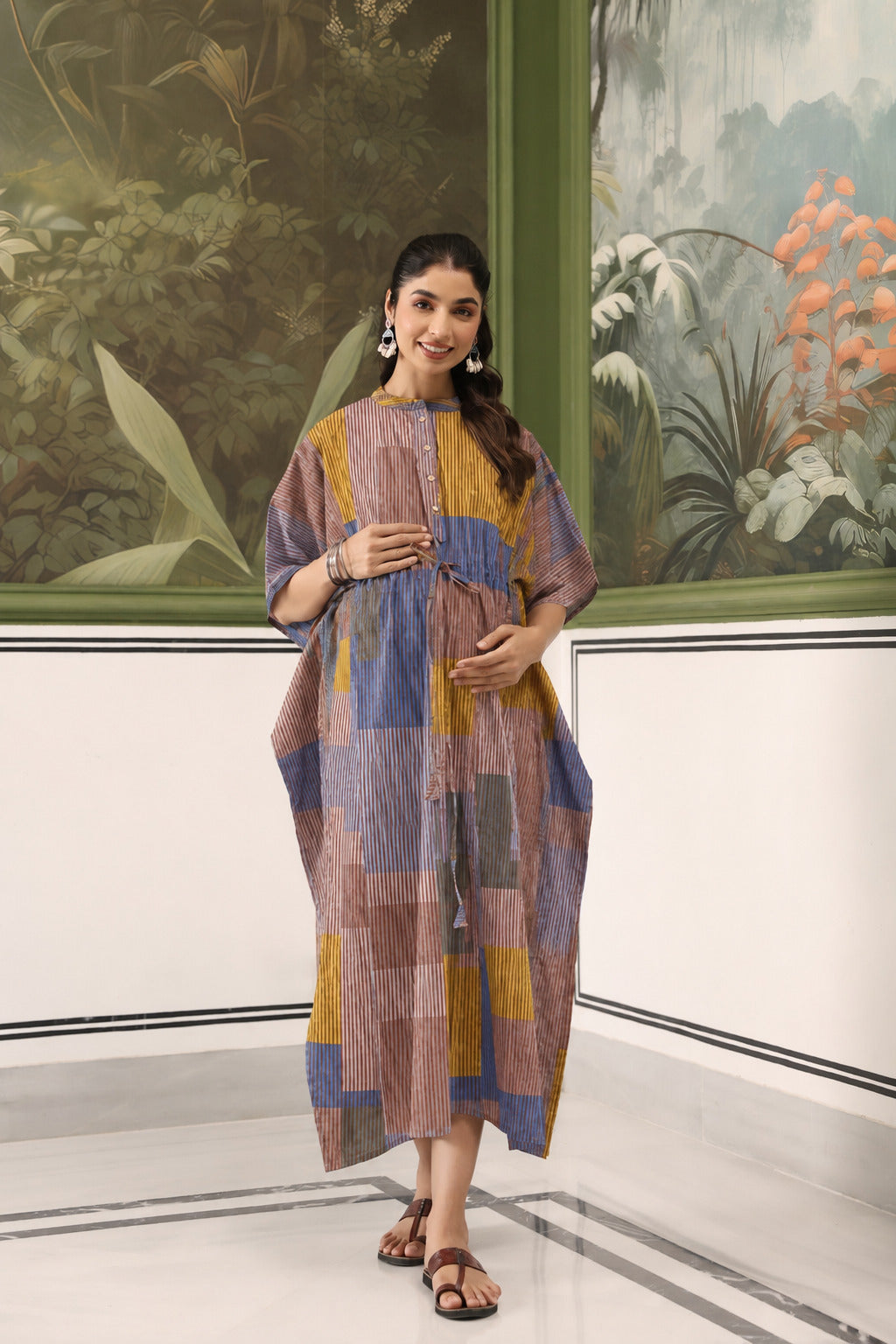 Ocean Blue Multi Panelled Cotton Maternity - Nursing Kaftan ( One-Size )