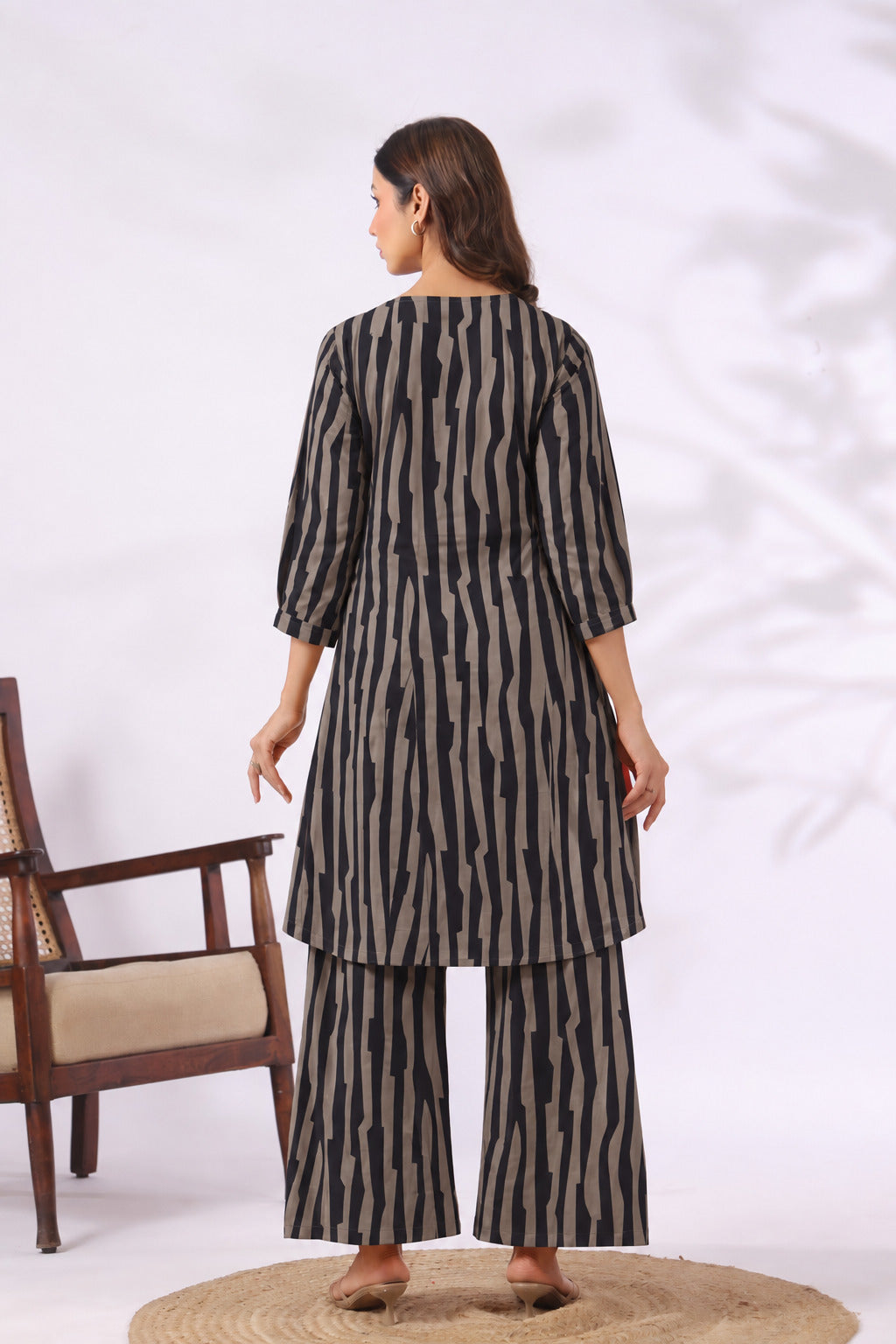 Black Grey Abstract Stripe Cotton Maternity - Nursing Co-ord Set