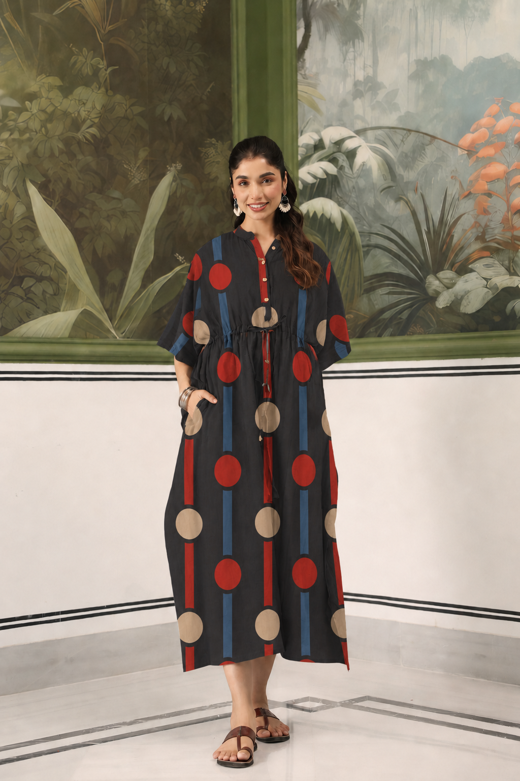 Black Geometric Ajrakh Cotton Maternity - Nursing Kaftan ( One-Size )