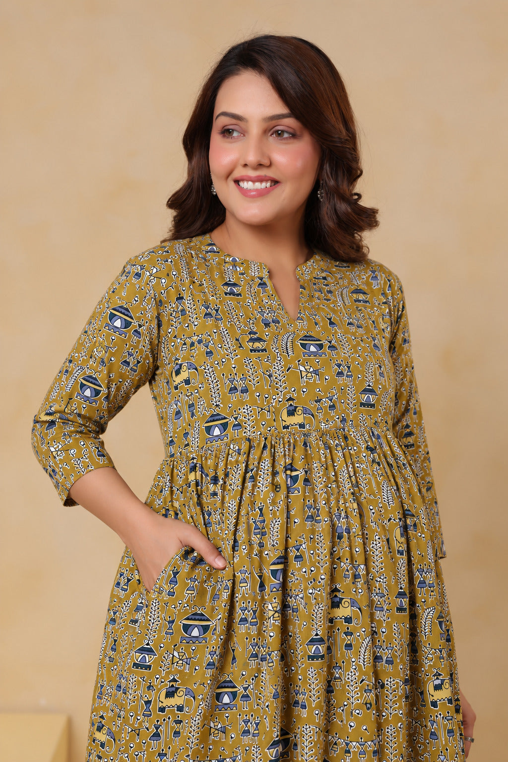 Mustard Tribal Tales Cotton Maternity - Nursing Kurti