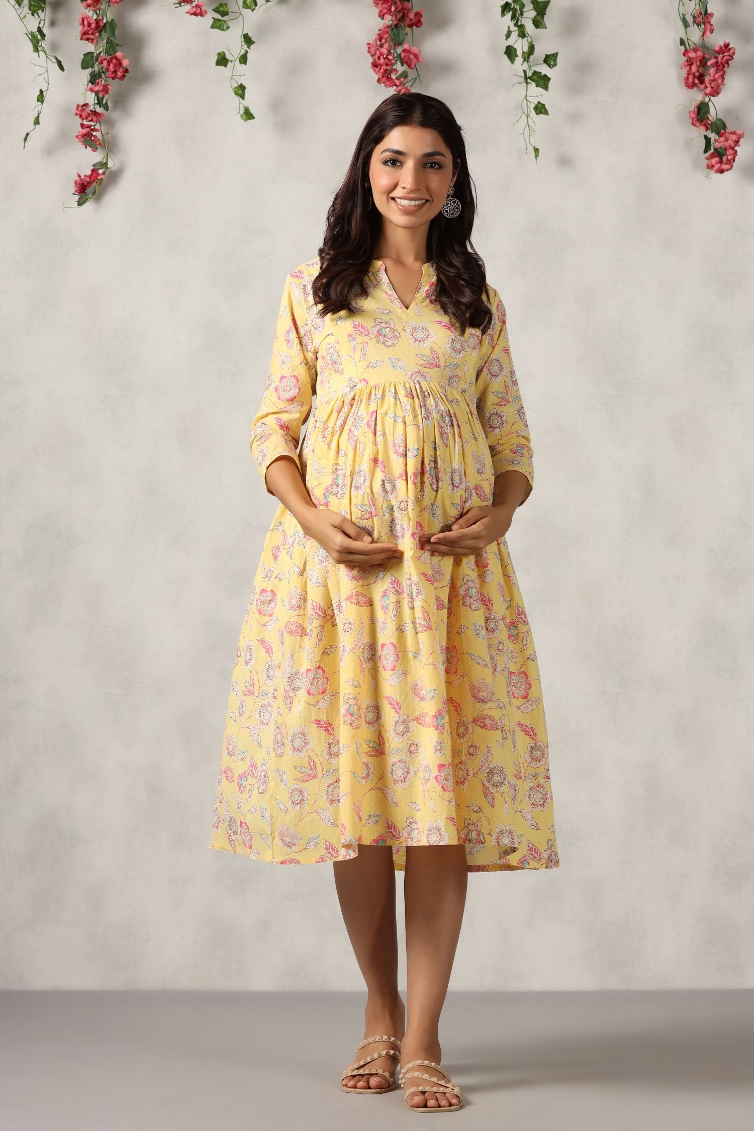 Yellow Florocent Cotton Maternity - Nursing Dress