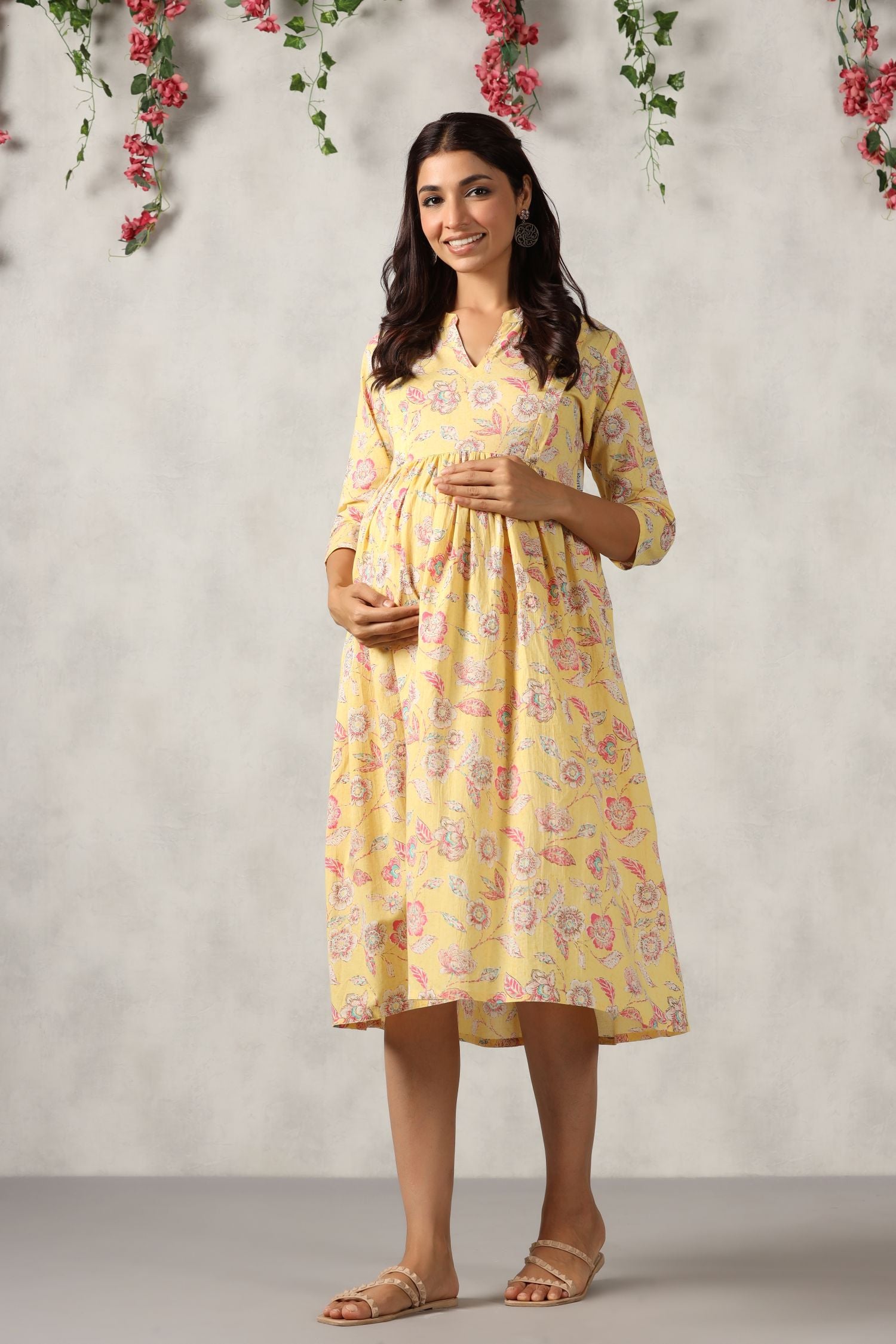 Yellow Florocent Cotton Maternity - Nursing Dress