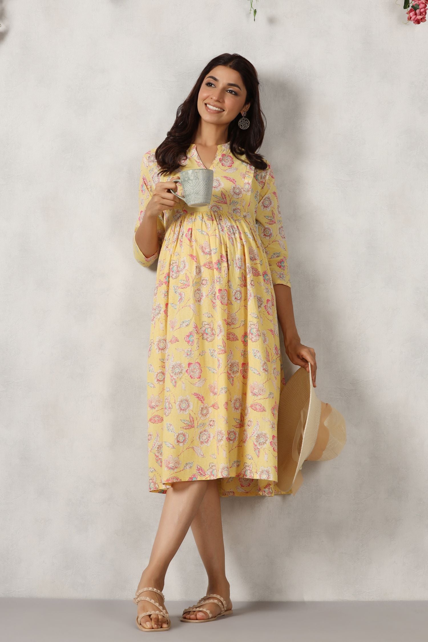 Yellow Florocent Cotton Maternity - Nursing Dress
