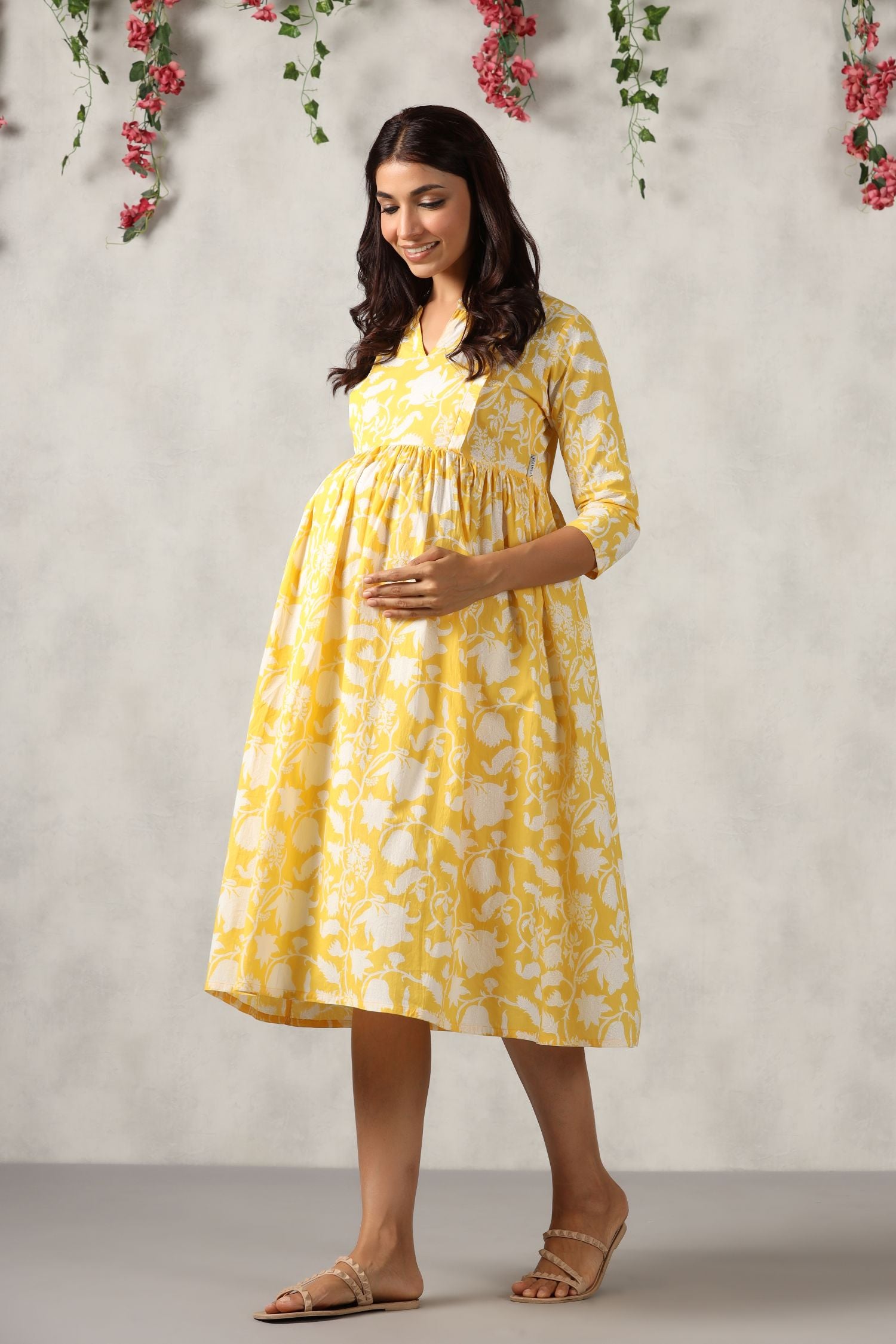 Sunkissed Yellow Floral Cotton Maternity - Nursing Dress
