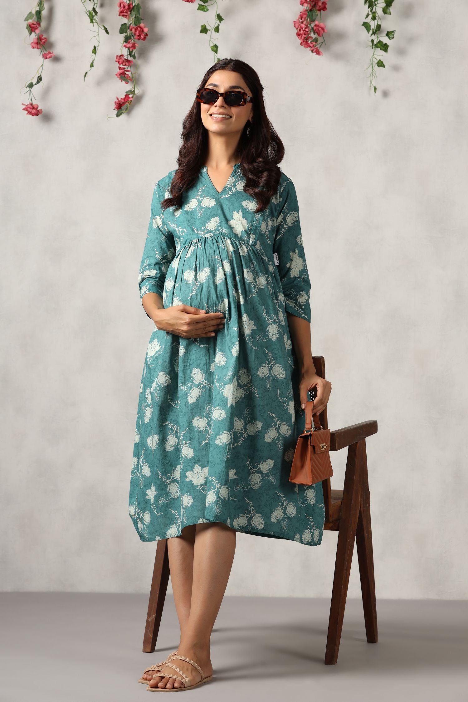 Pine Green Floral Cotton Maternity - Nursing Dress