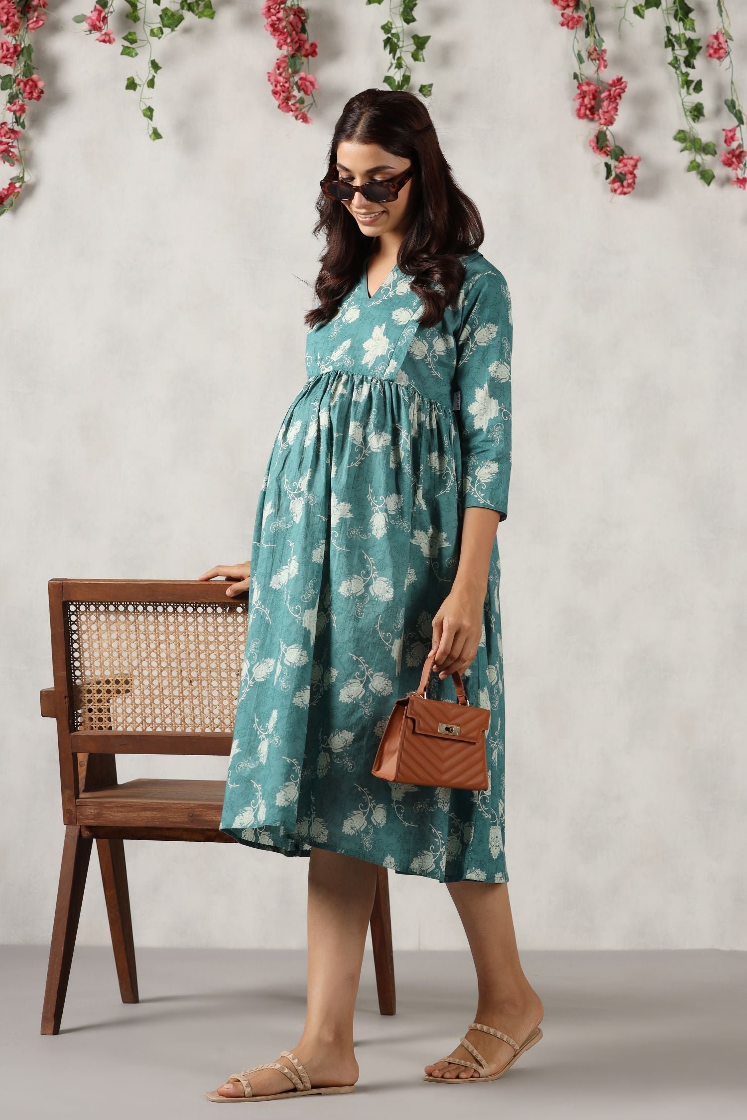 Pine Green Floral Cotton Maternity - Nursing Dress
