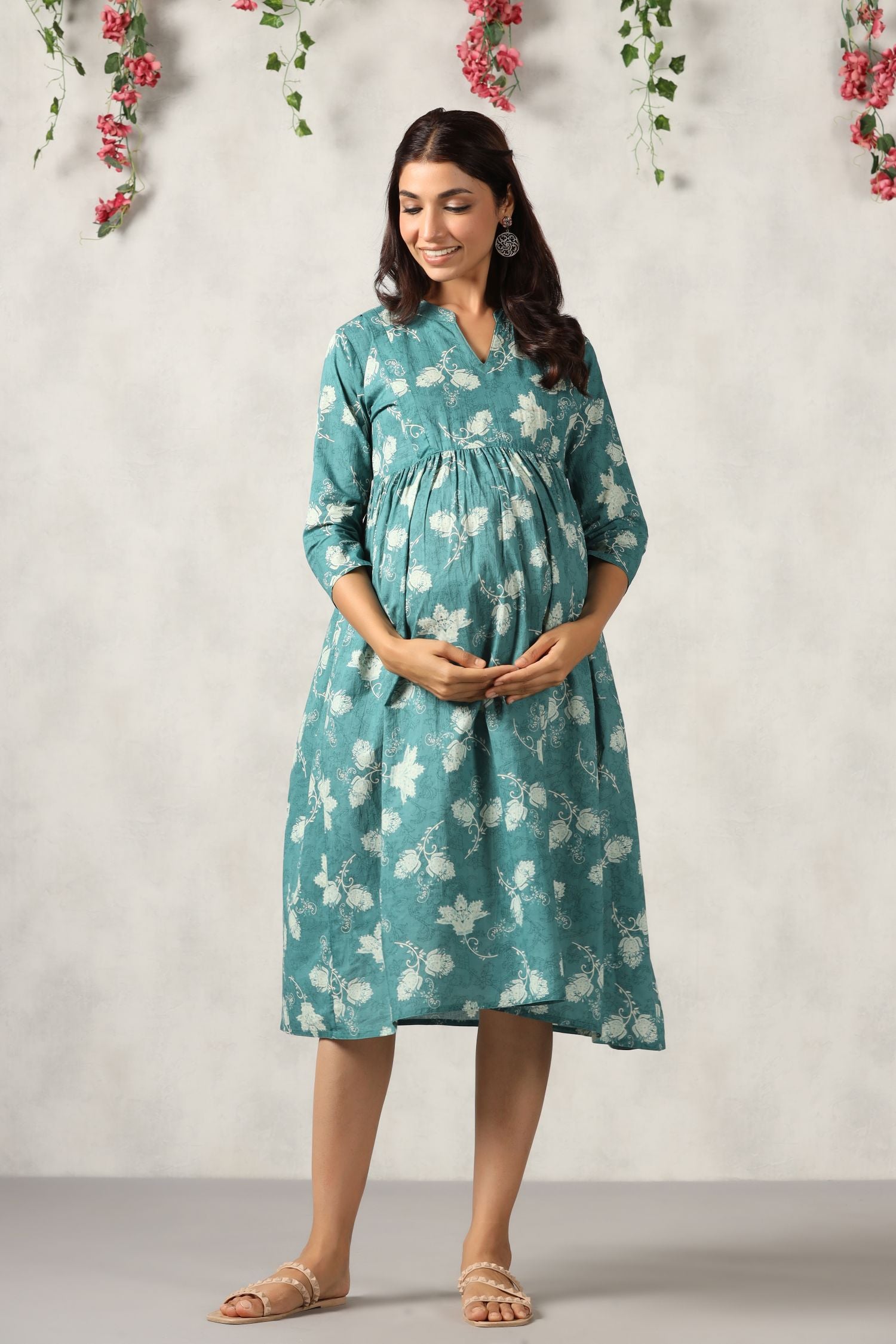 Pine Green Floral Cotton Maternity - Nursing Dress