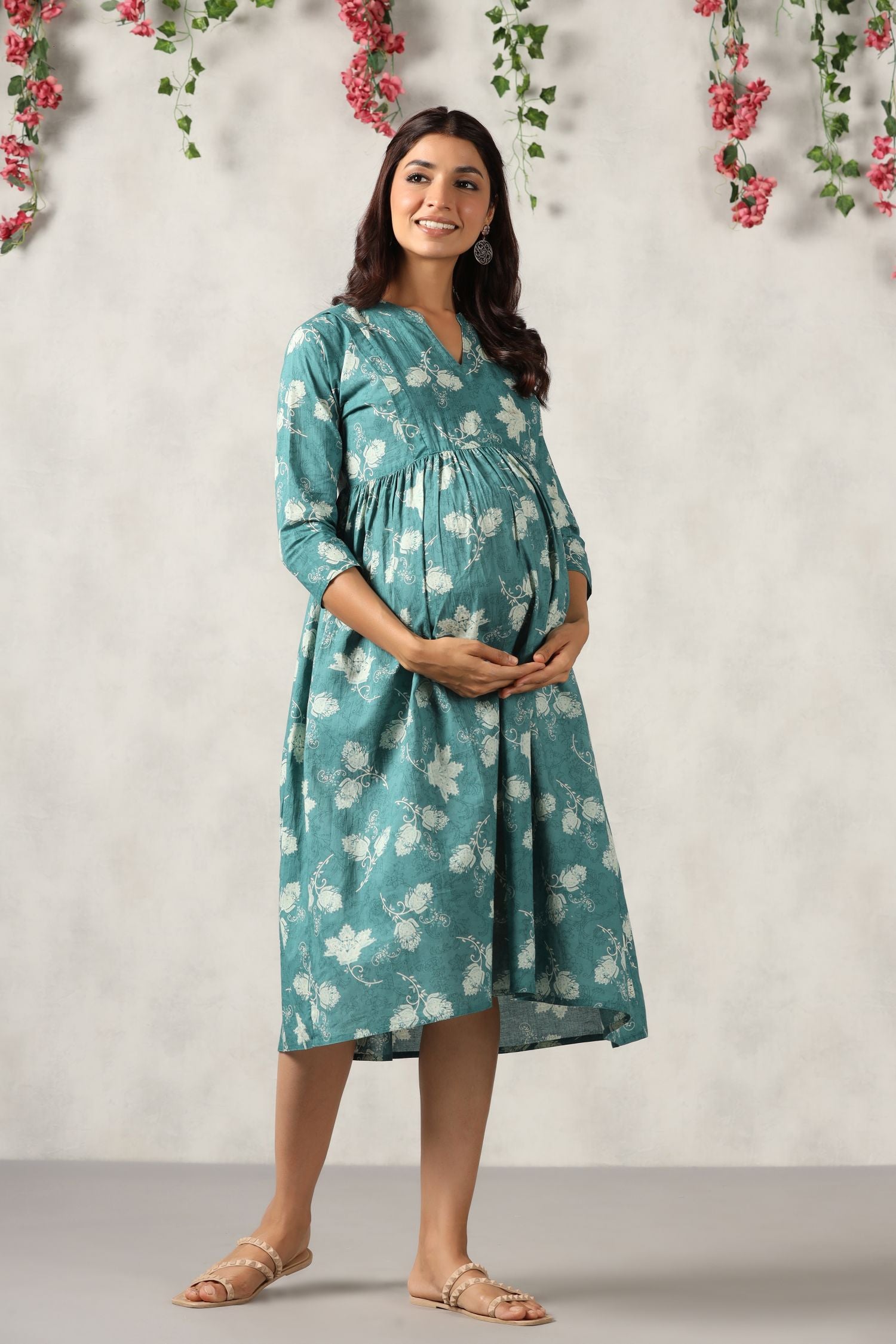 Pine Green Floral Cotton Maternity - Nursing Dress