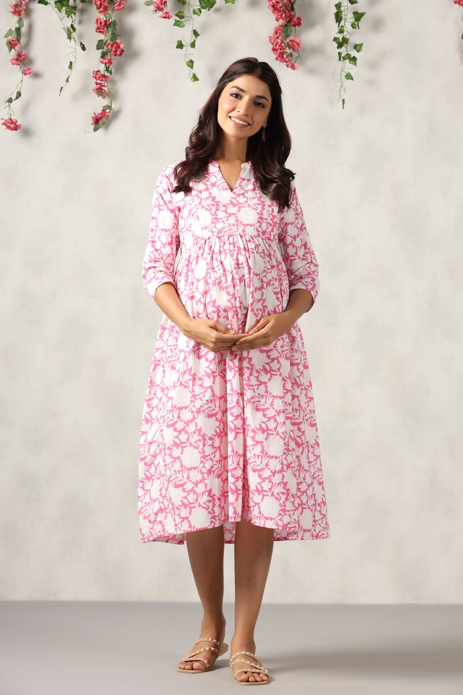 white christmas dresses Belted Nursing Midi with Pockets- Beige Floral – Nursing Queen main image 1