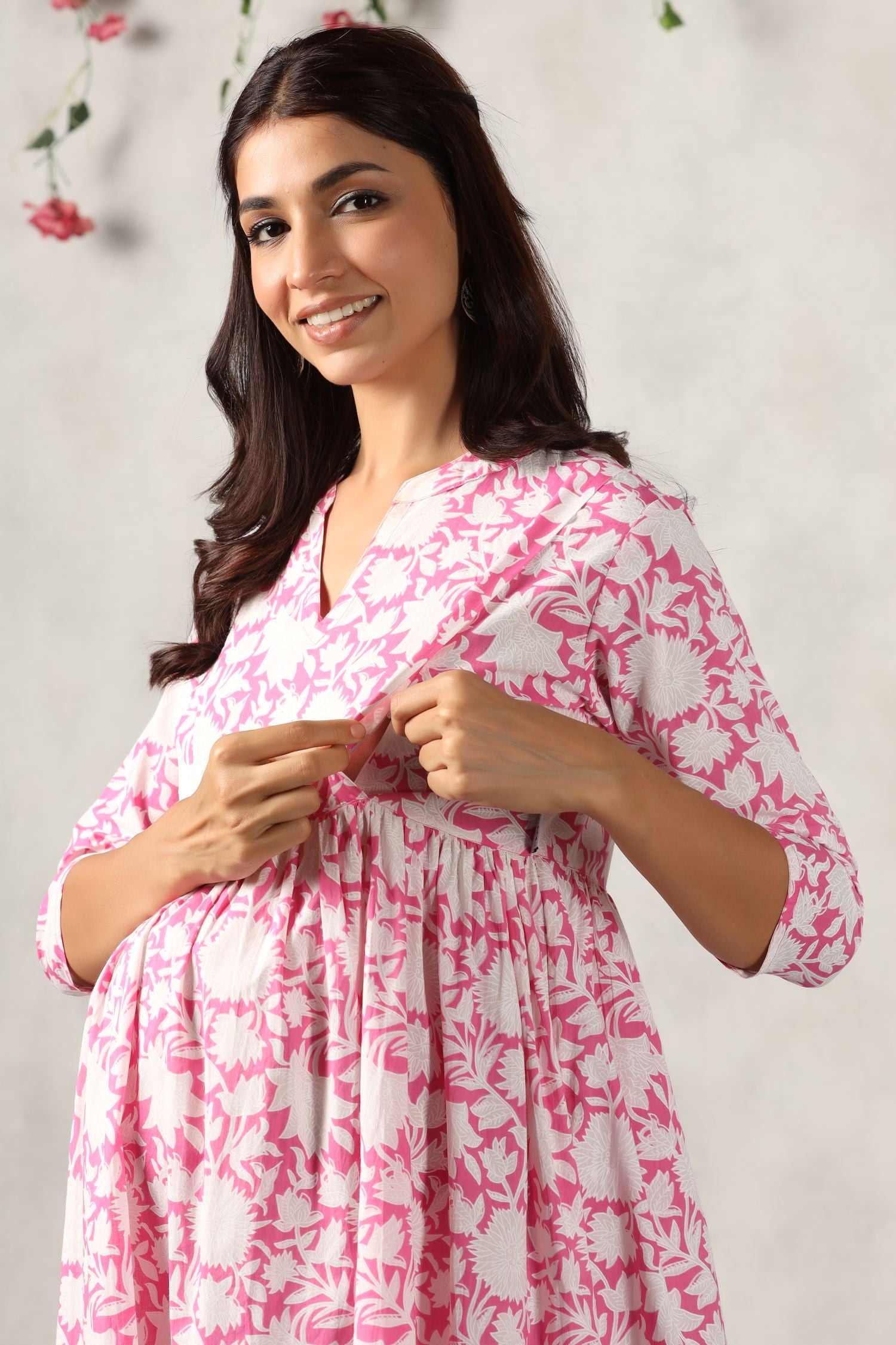 Delicate Rose Floral Cotton Maternity - Nursing Dress