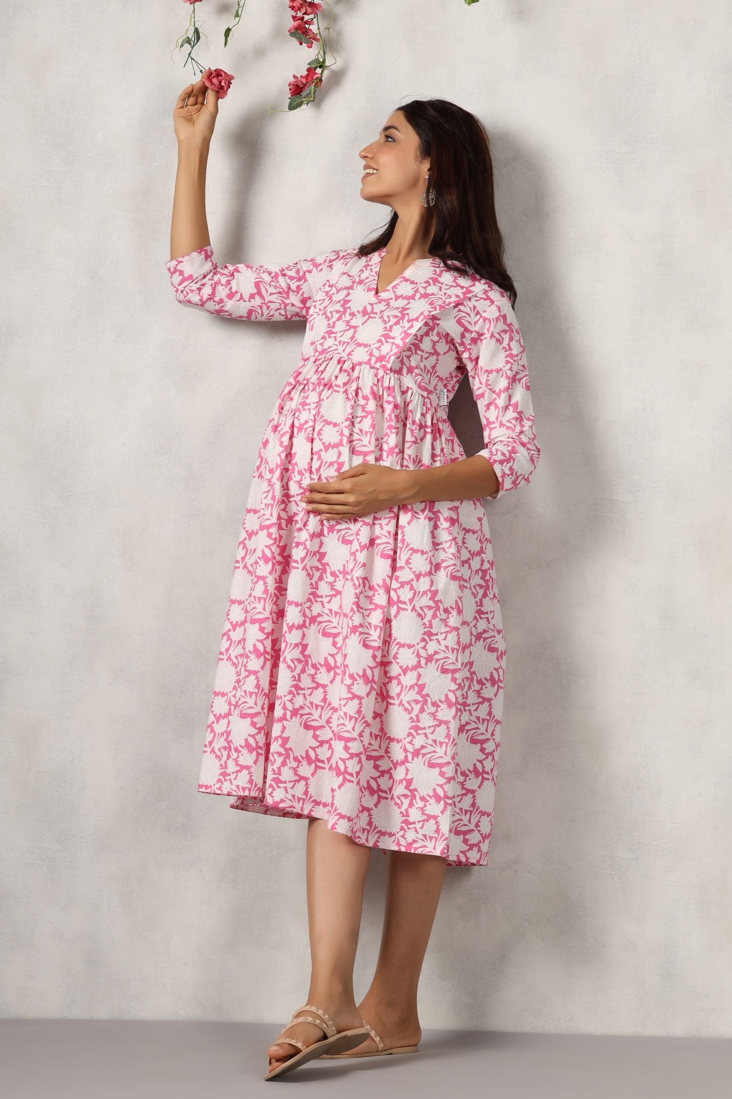 Delicate Rose Floral Cotton Maternity - Nursing Dress