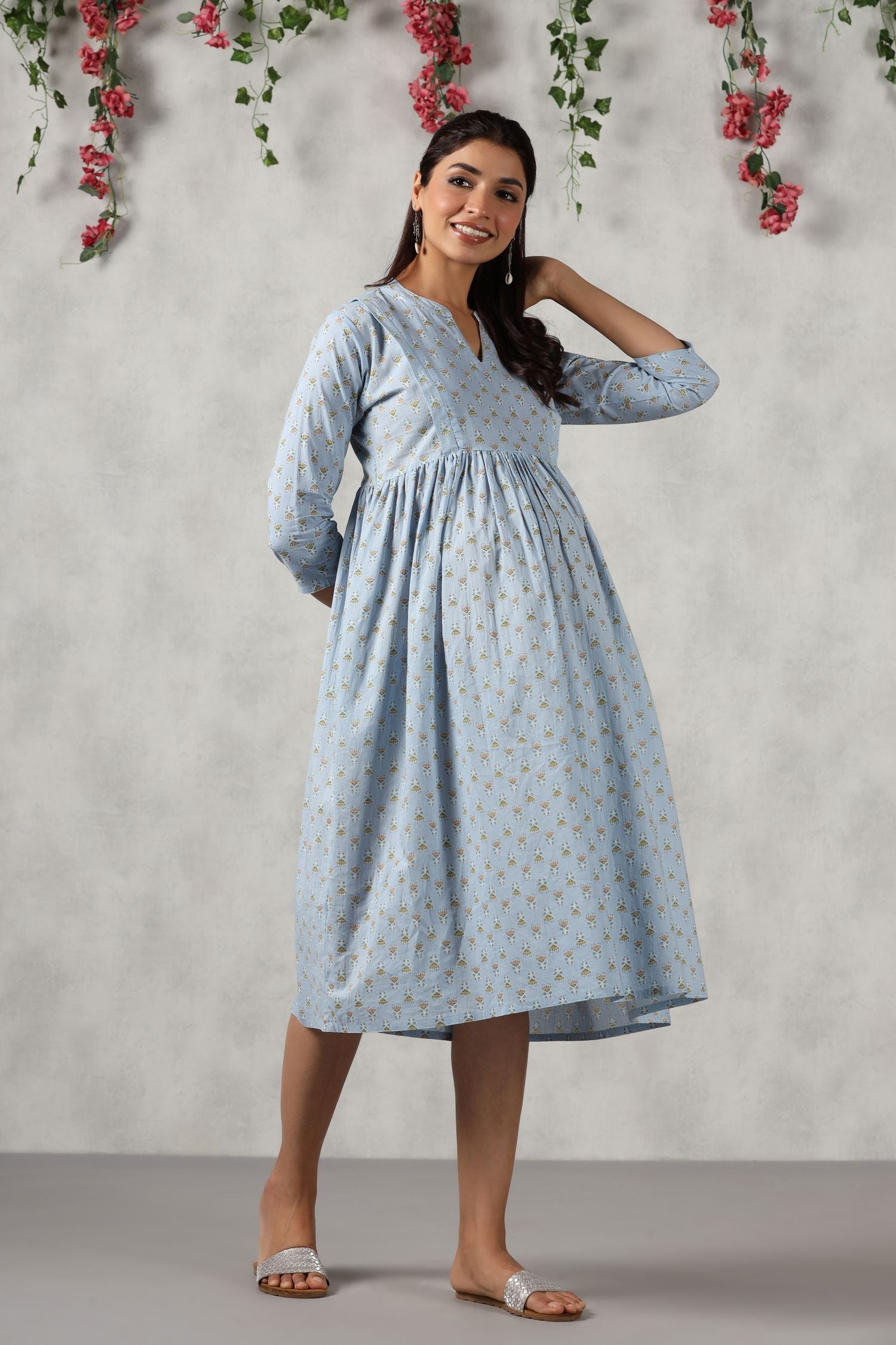 Candy Blue Cotton Maternity - Nursing Dress