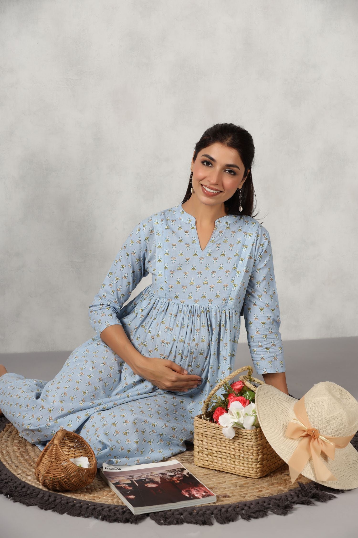 Candy Blue Cotton Maternity - Nursing Dress