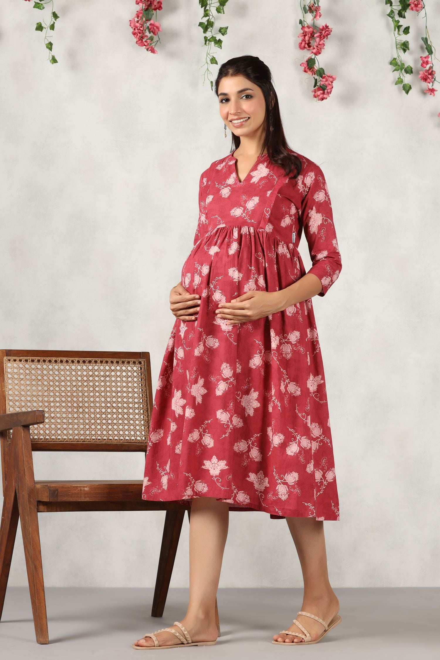 Antique Ruby Floral Cotton Maternity - Nursing Dress