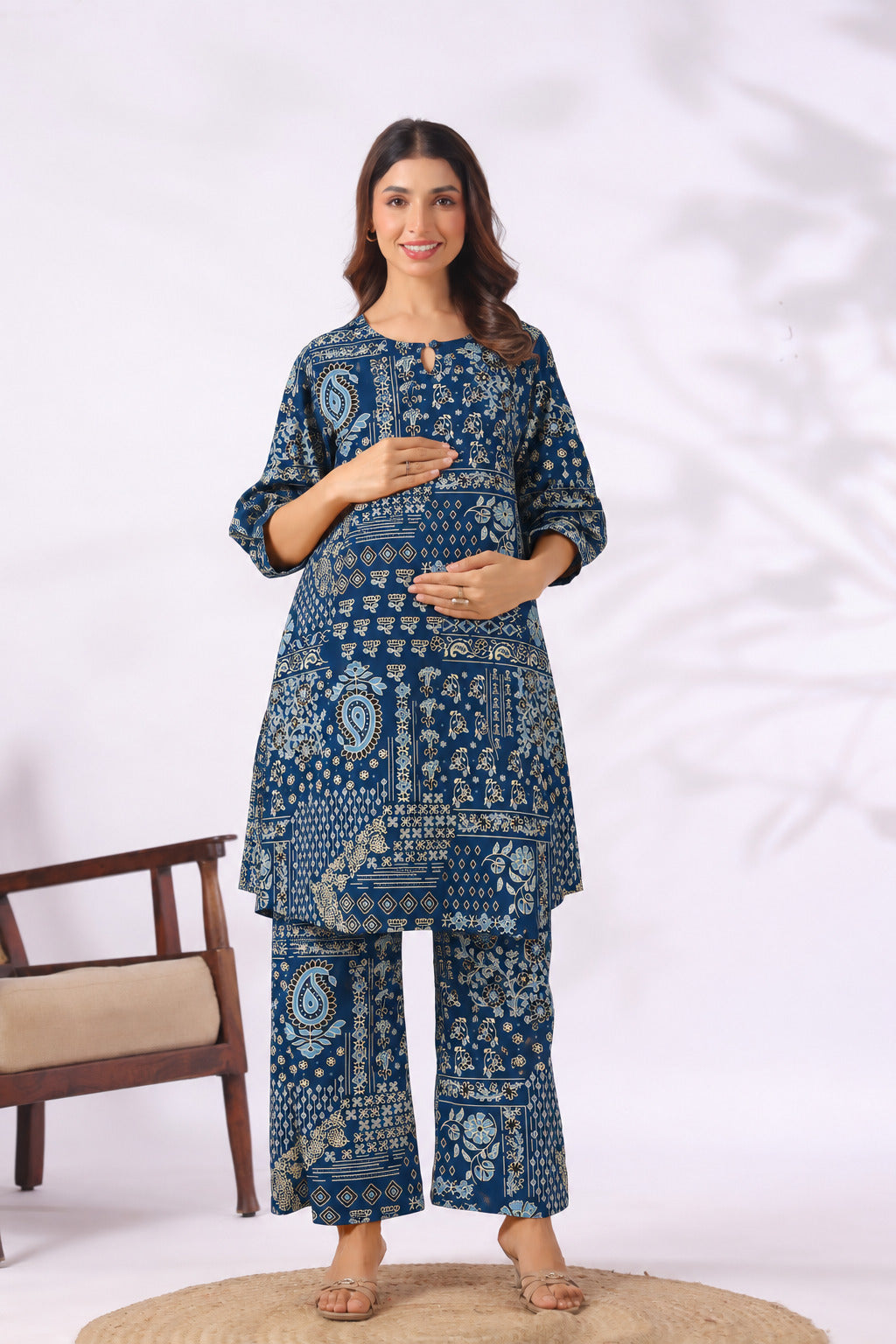 Indigo Folk Patch Cotton Maternity - Nursing Co-ord Set