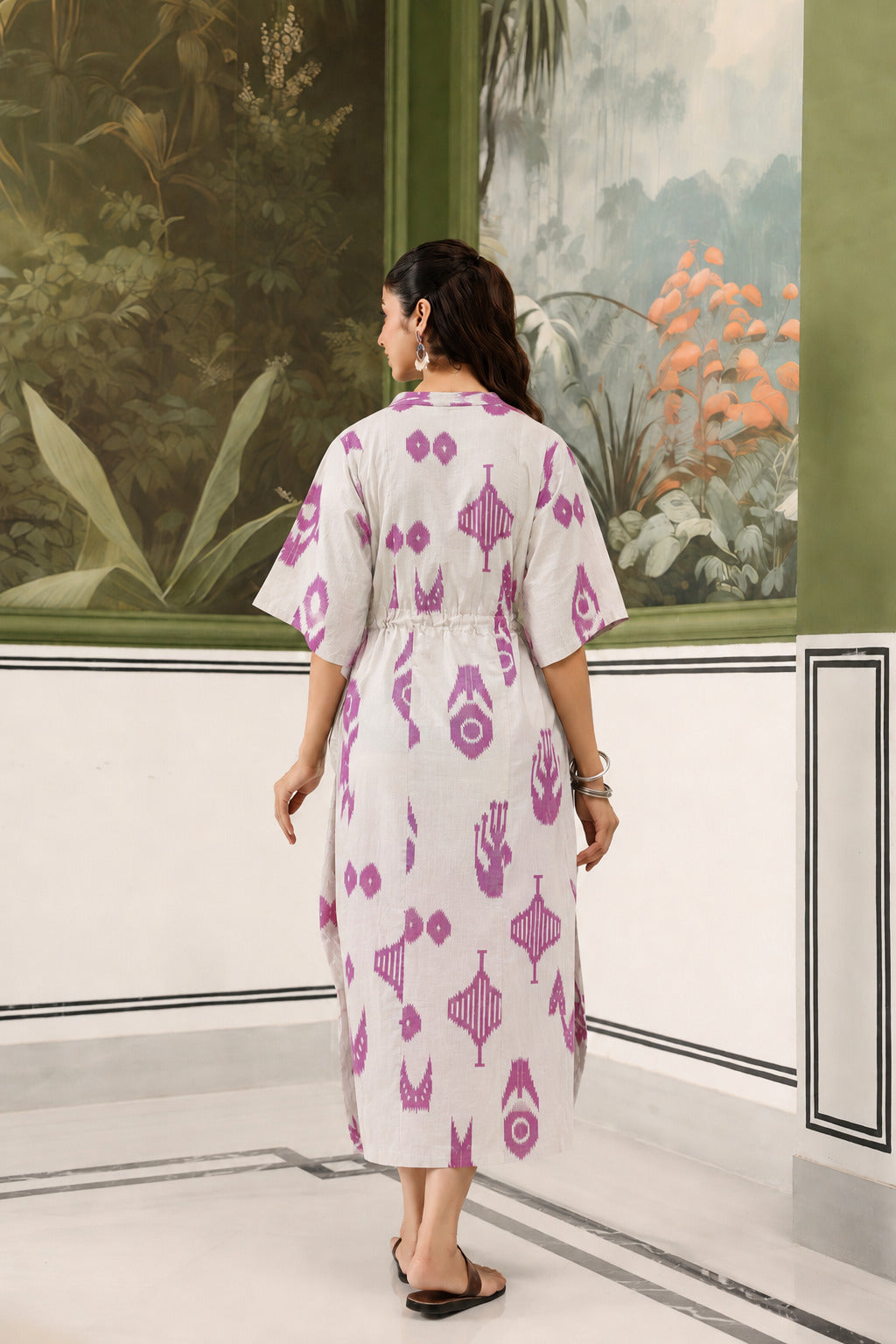 French Grey Classic Ikat Cotton Maternity - Nursing Kaftan ( One-Size )