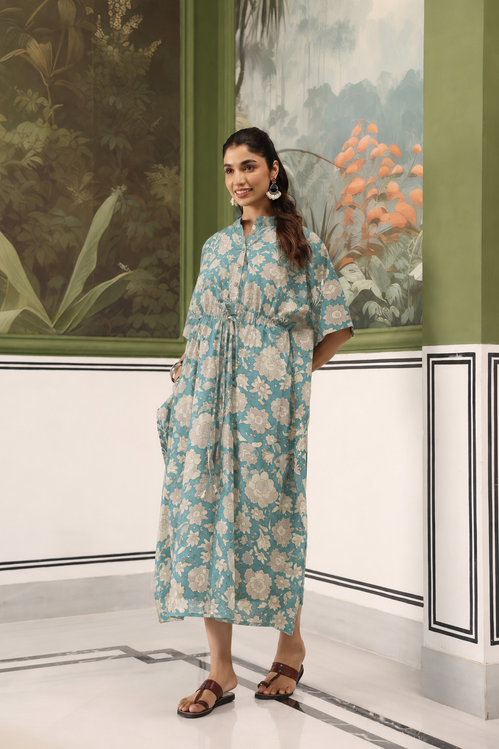 Teal Gardenia Cotton Maternity - Nursing Kaftan ( One-Size )