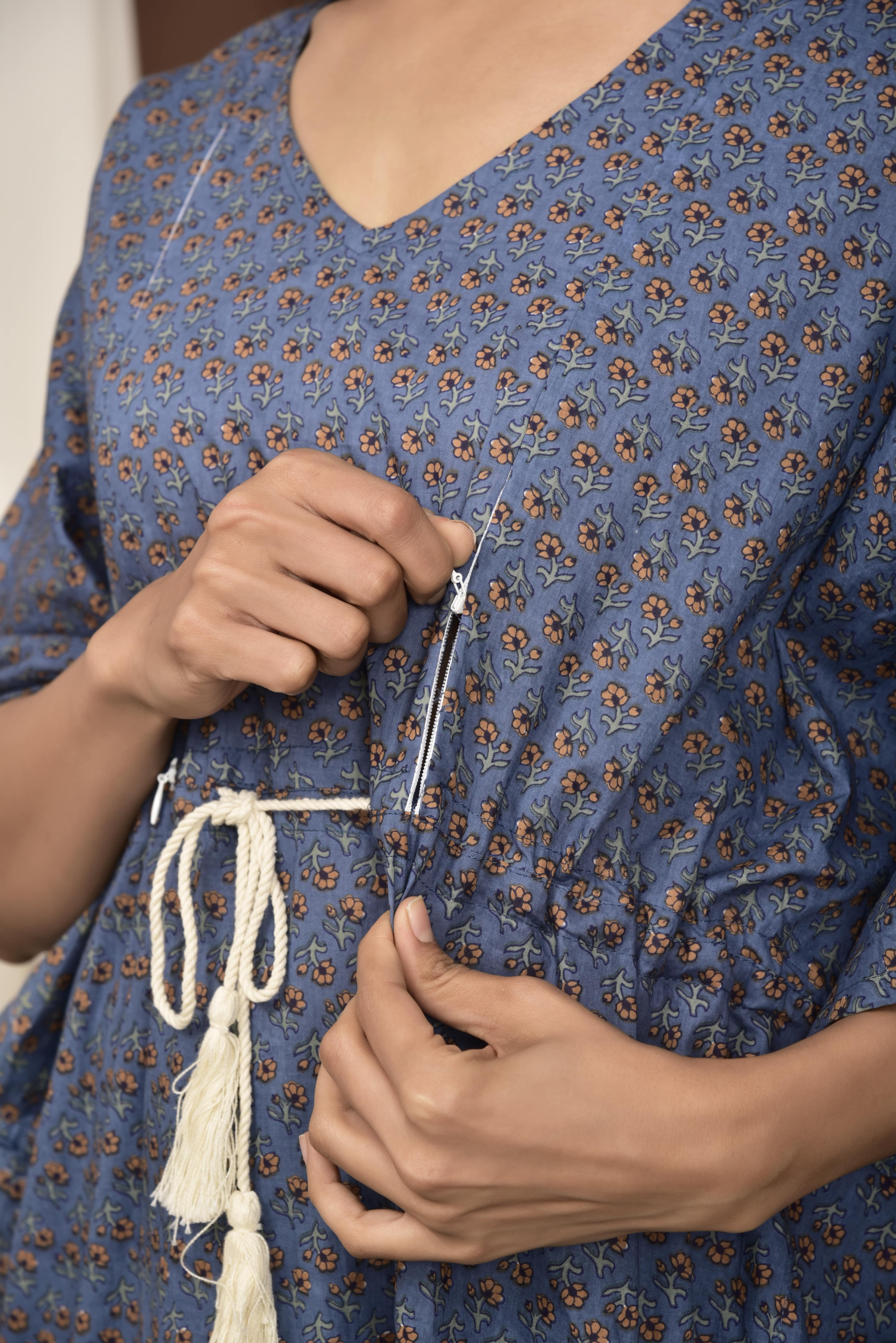 Glaucous Booti Cotton Maternity - Nursing Kaftan ( One-Size )