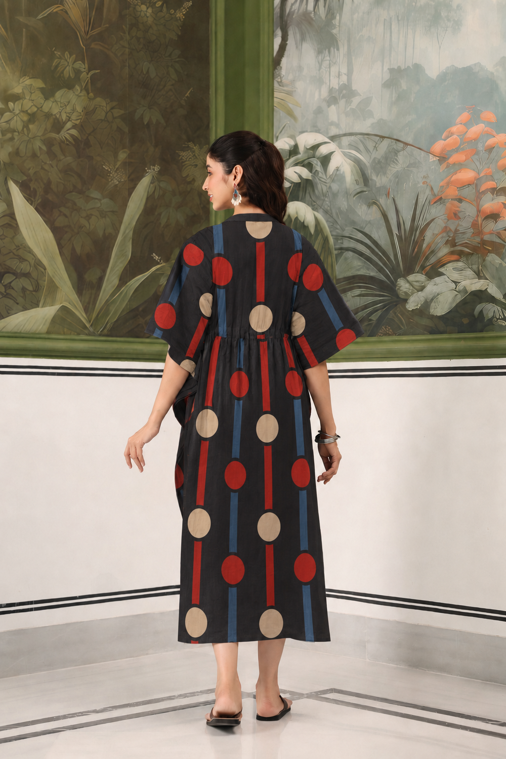 Black Geometric Ajrakh Cotton Maternity - Nursing Kaftan ( One-Size )