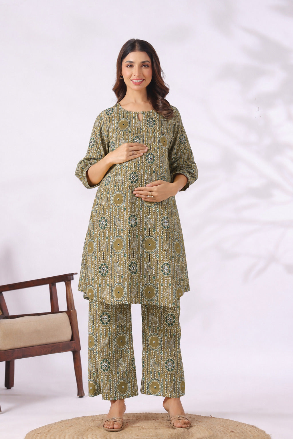 Olive Kalamkari Cotton Maternity - Nursing Co-ord Set