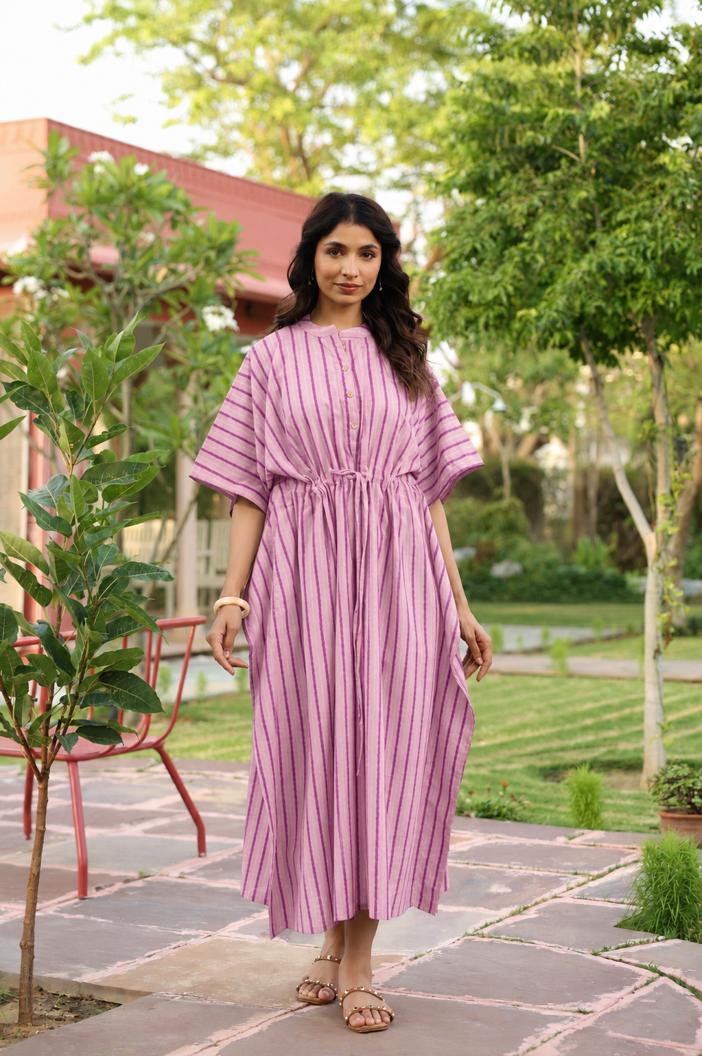 Lilac Dream Striped Cotton Kaftan ( One-Size )