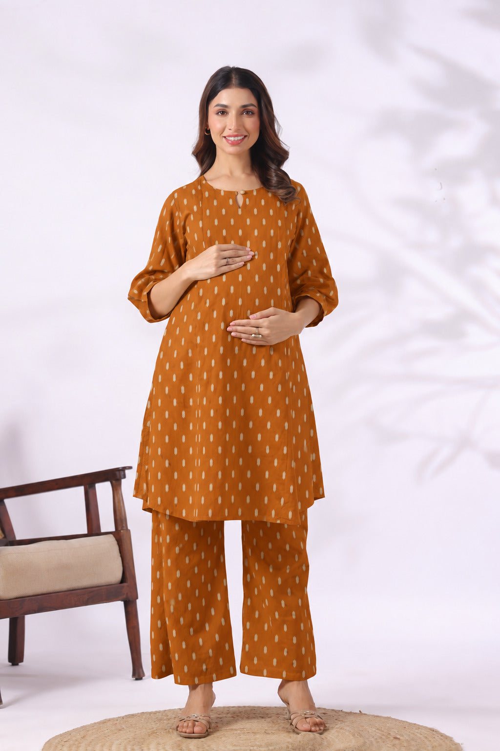 Mustard Loom Print Cotton Maternity - Nursing Co-ord Set
