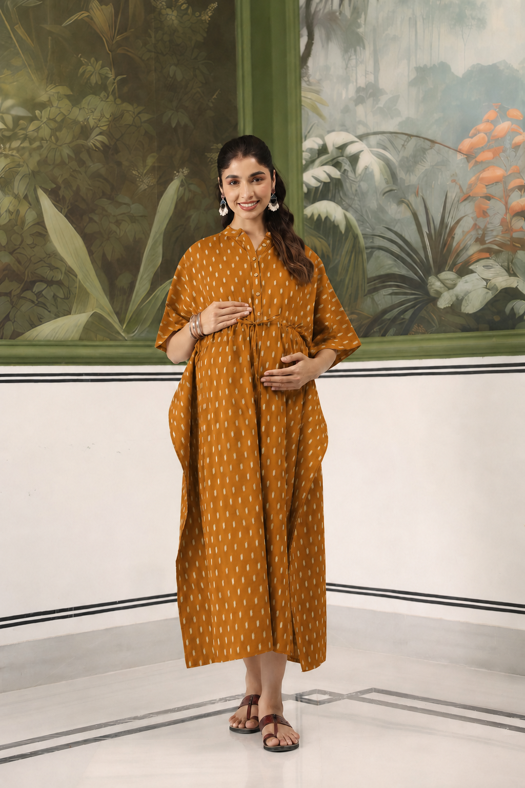 Mustard Loom Print Cotton Maternity - Nursing Kaftan ( One-Size )