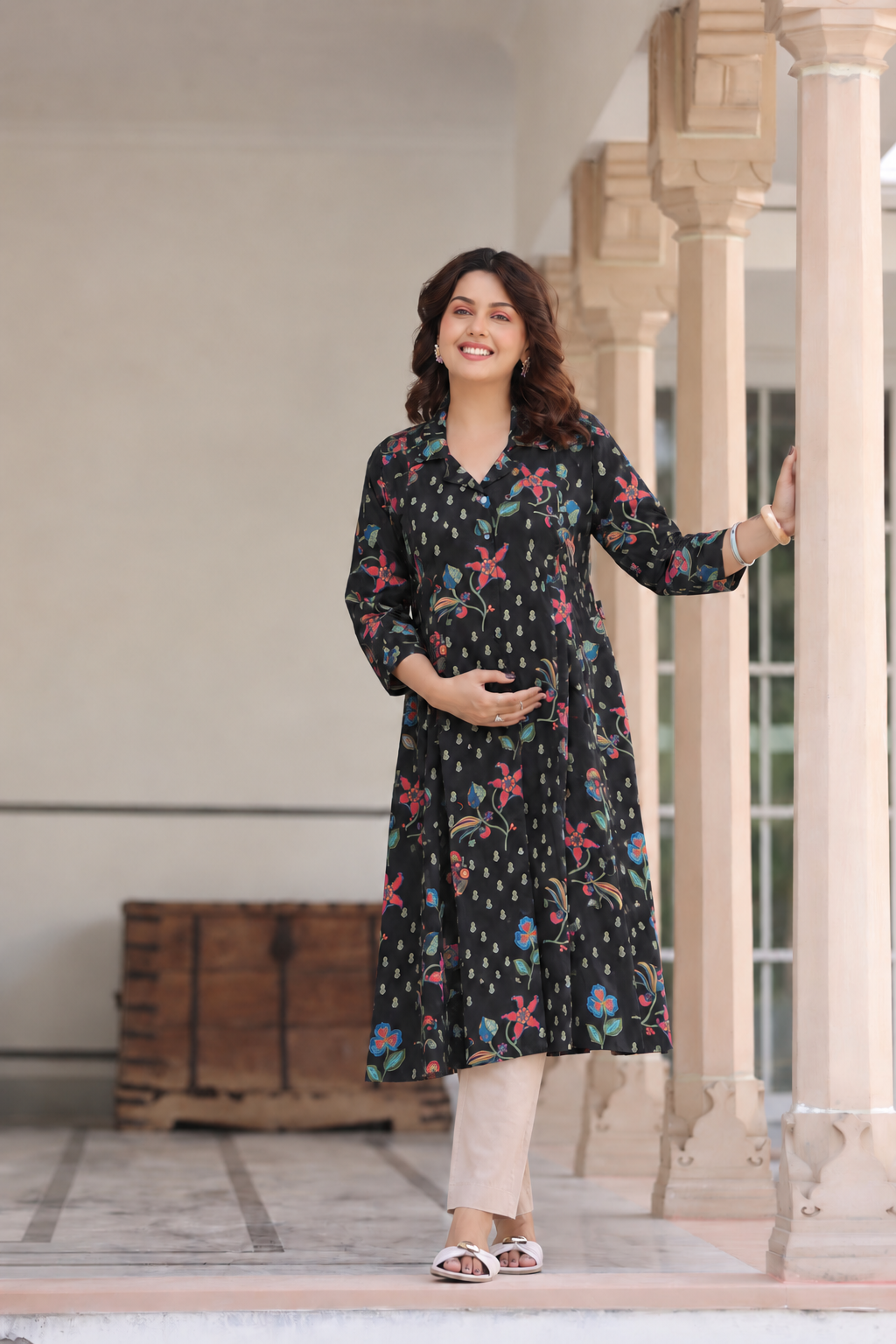 Wildflower Noir Cotton Maternity - Nursing Kurti