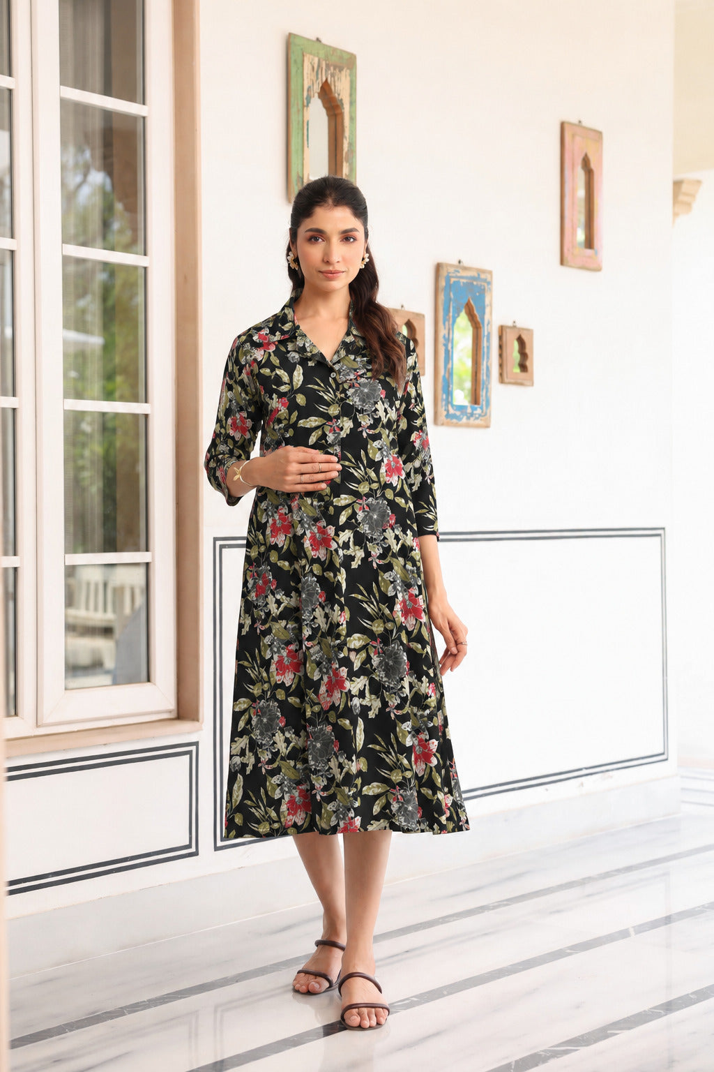 Black Garden Bloom Cotton Maternity - Nursing Dress