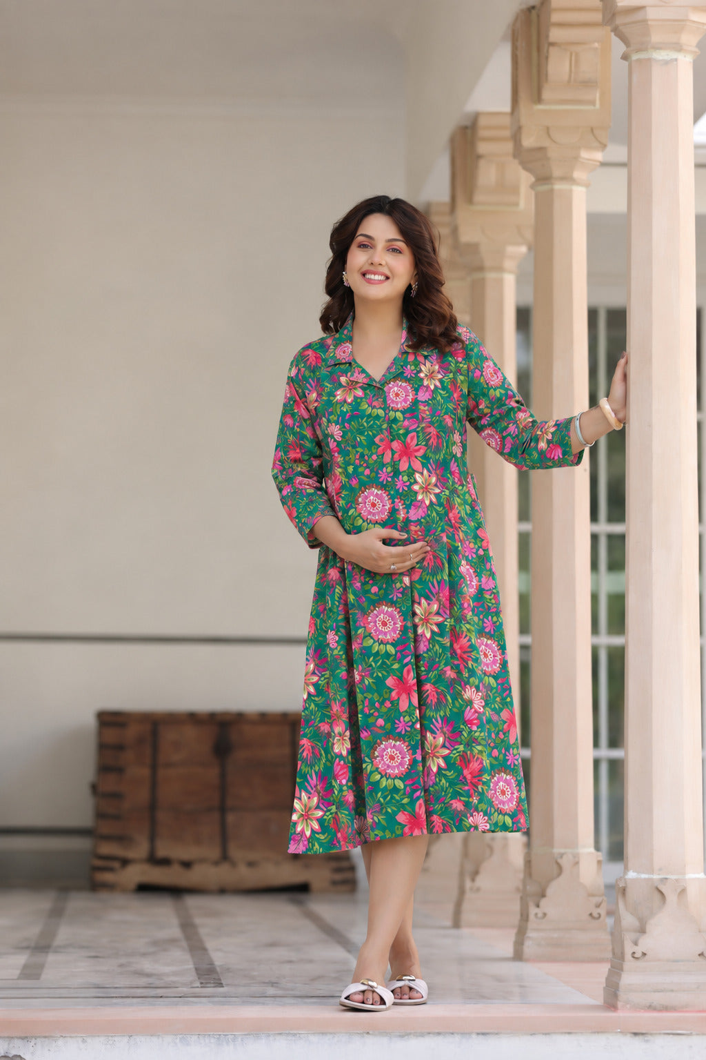 Emerald Bloom Cotton Maternity - Nursing Dress