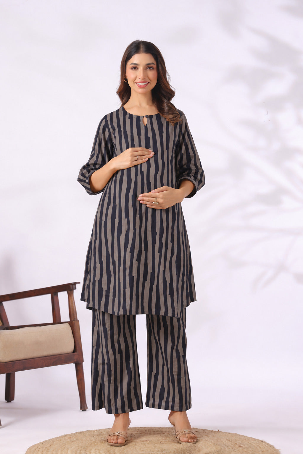 Black Grey Abstract Stripe Cotton Maternity - Nursing Co-ord Set