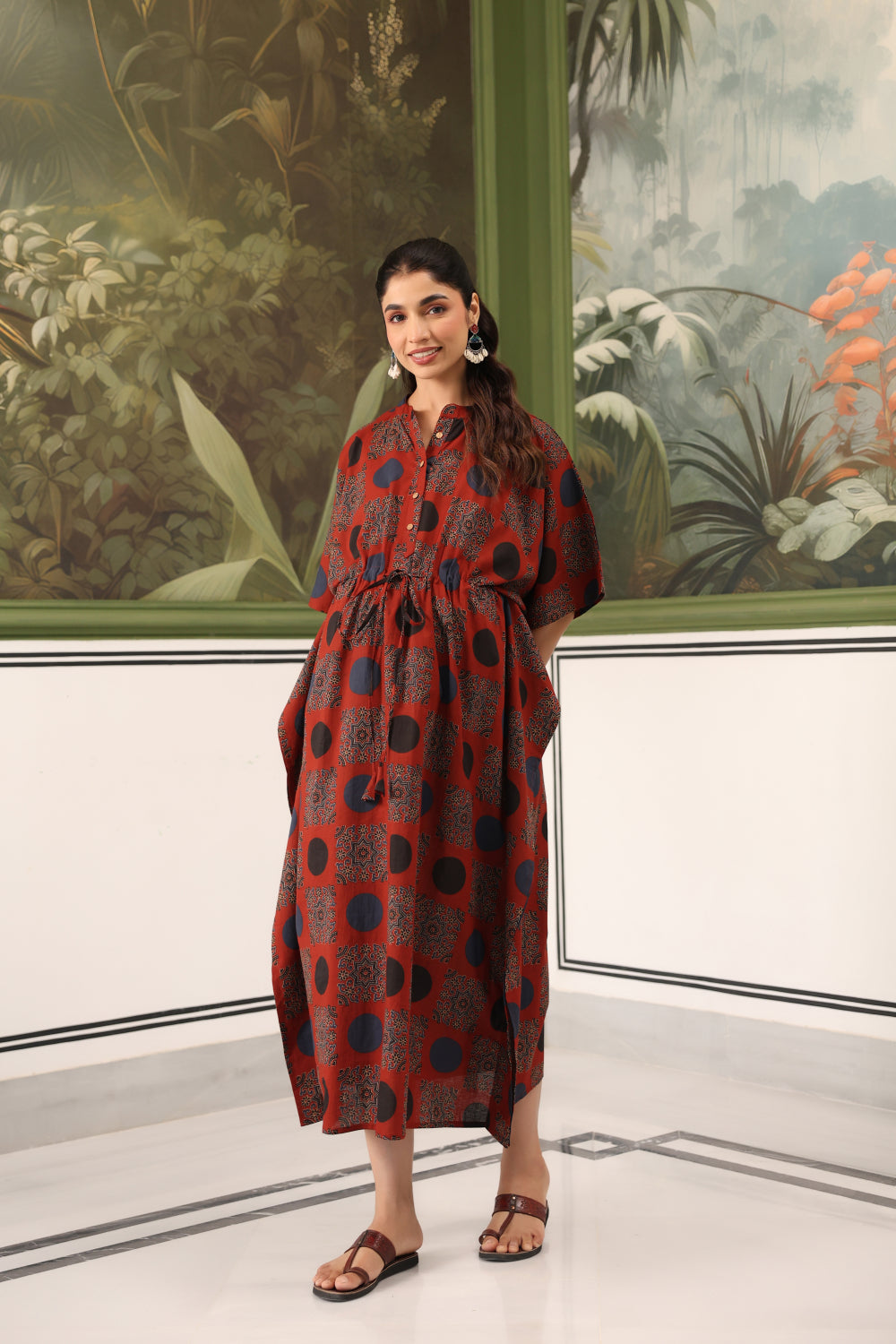 Maroon Mandala Cotton Maternity - Nursing Kaftan ( One-Size )