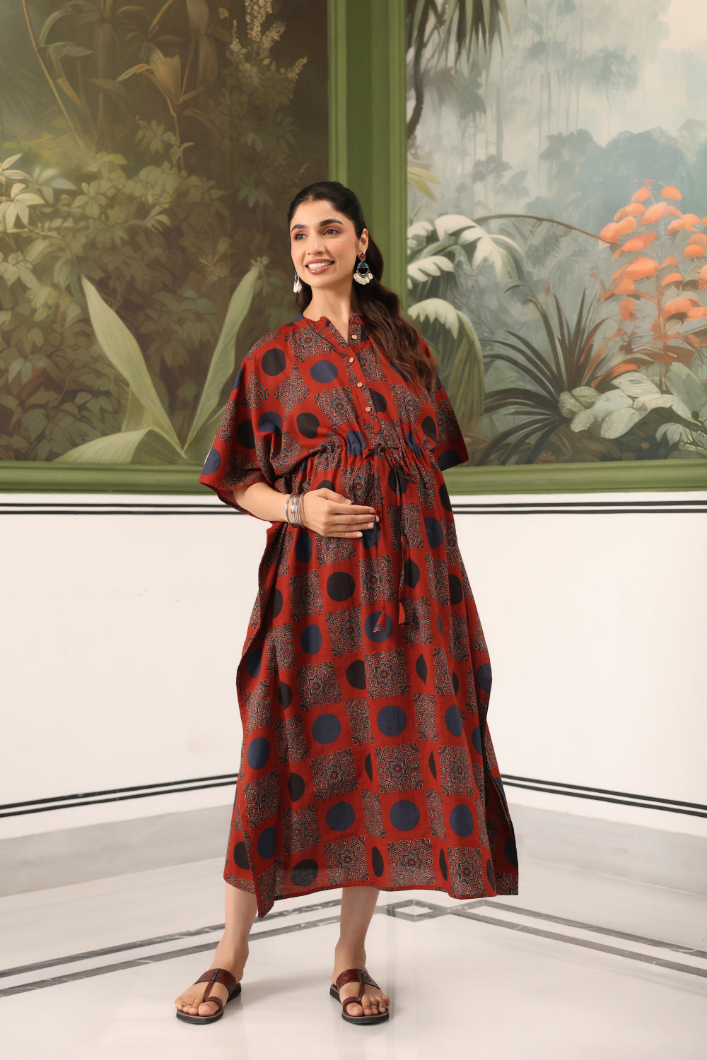 Maroon Mandala Cotton Maternity - Nursing Kaftan ( One-Size )